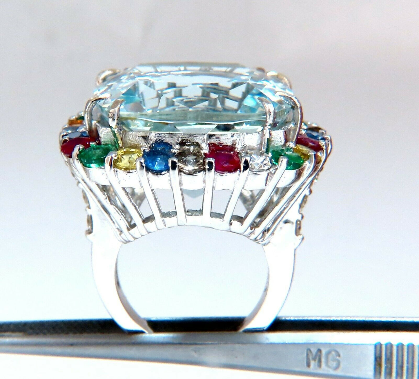 GIA Certified 41.62ct Natural Aquamarine Diamonds & Color Sapphires Ring 14kt