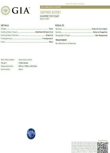 GIA Certified 2.58ct Natural No Heat Sapphire Diamond Ring Unheated Platinum