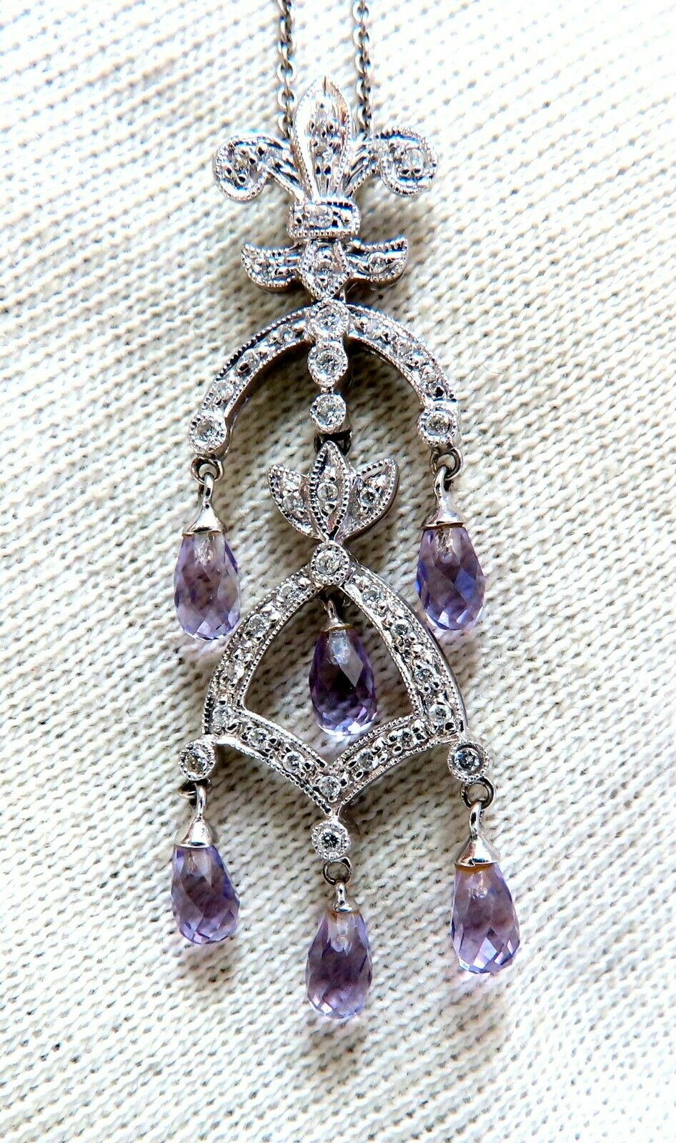 2.50ct Natural Briolette Amethyst Diamonds English Crest Dangle Necklace 14kt