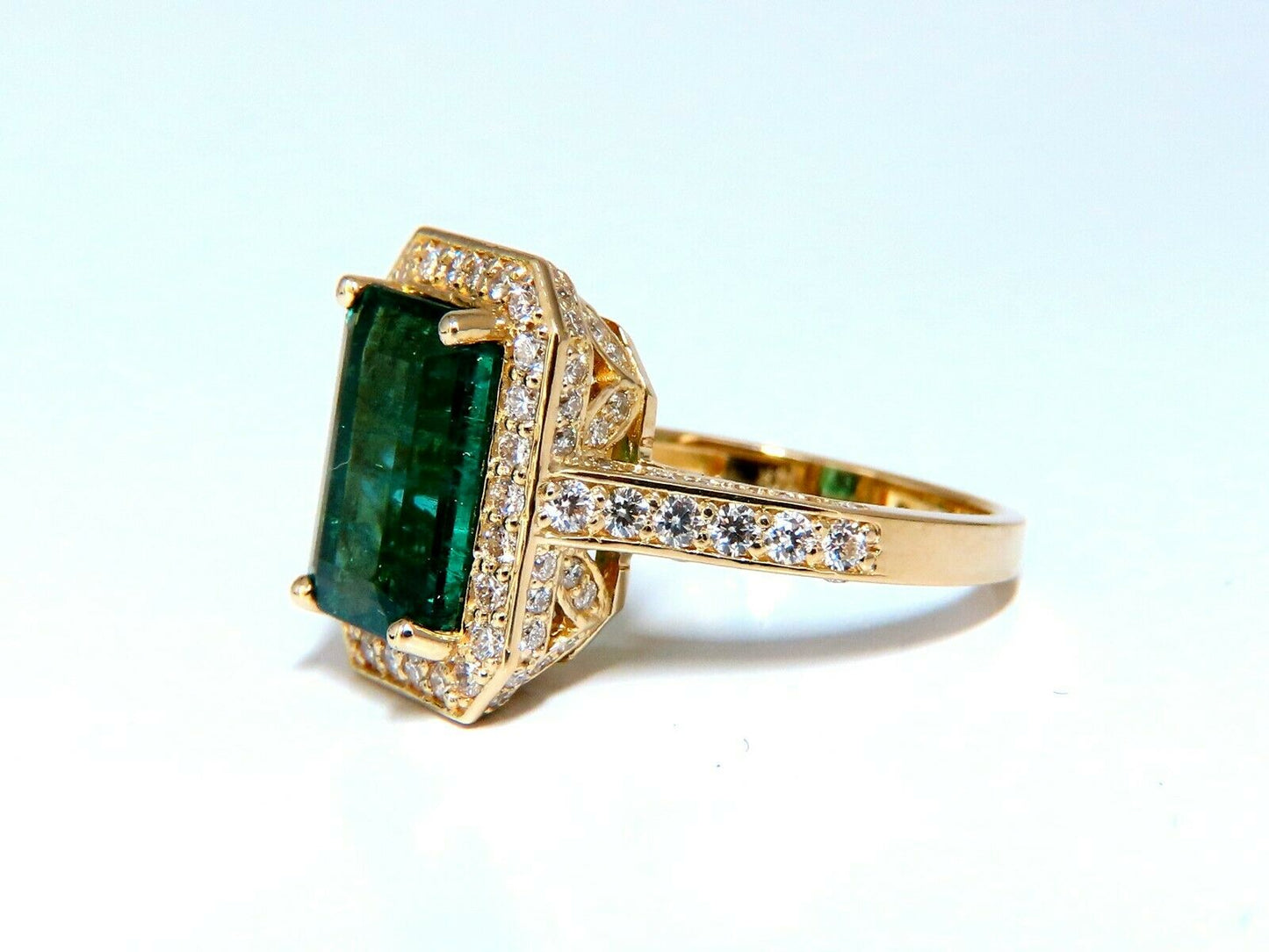 5.40ct Natural Vivid Green Emerald Diamonds Gilt Deco Ring 14kt
