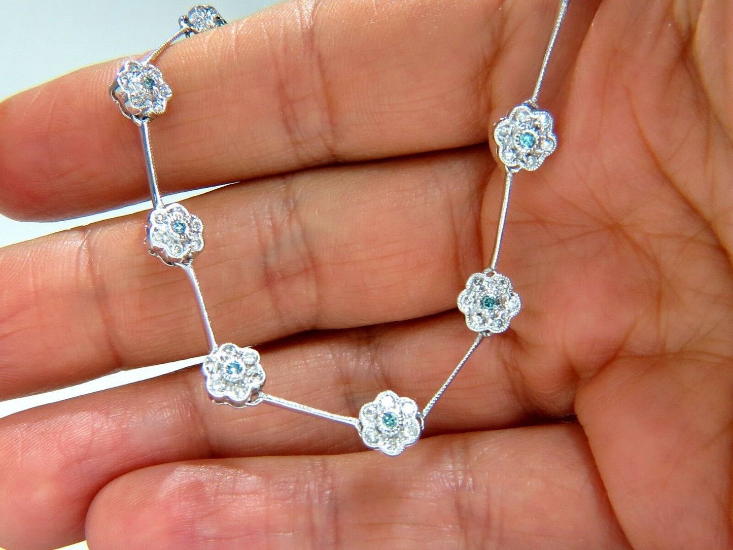 1.00CT Round Brilliant Blue Diamonds Flower Cluster Eternity Necklace 14KT