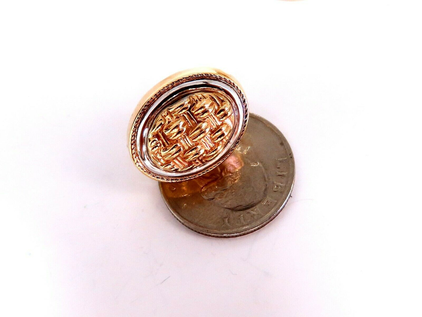 14kt Gold Cross Thread Deco Oval Frame Earrings Omega Clip