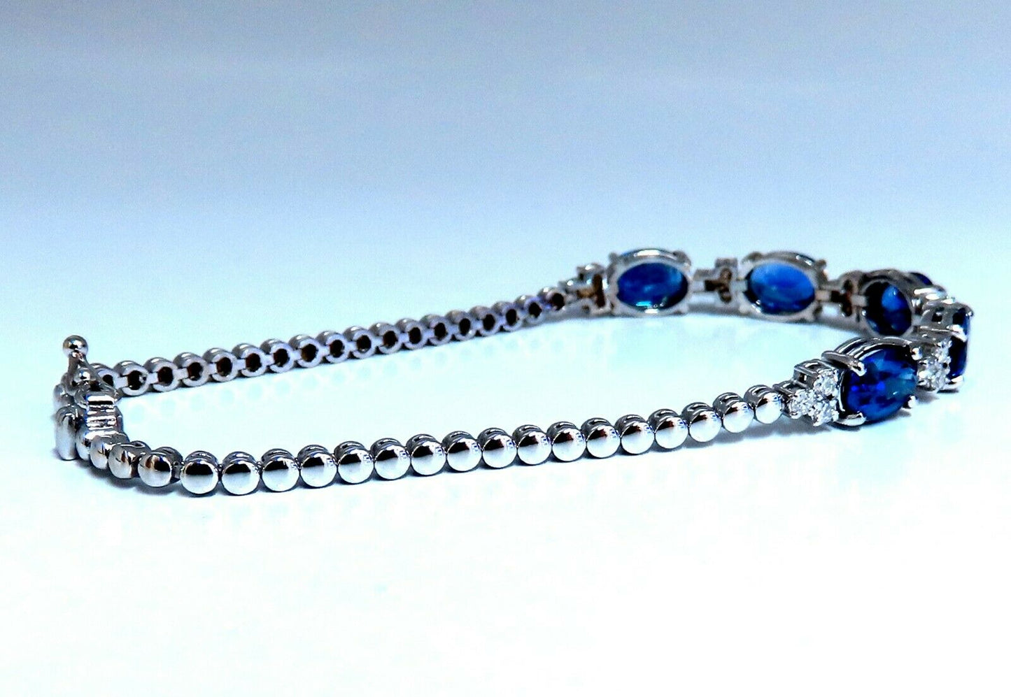 6.38ct natural Vivid royal blue round sapphires diamond bracelet 14 Karat