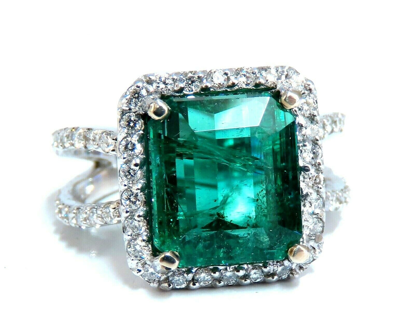 6.70ct Natural Vivid Green Emerald Diamonds Ring 14kt Split Shank Dub Shoulder