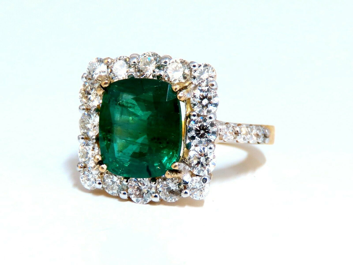 5.80ct Natural Emerald Diamonds Squared Halo Cluster Ring 14kt