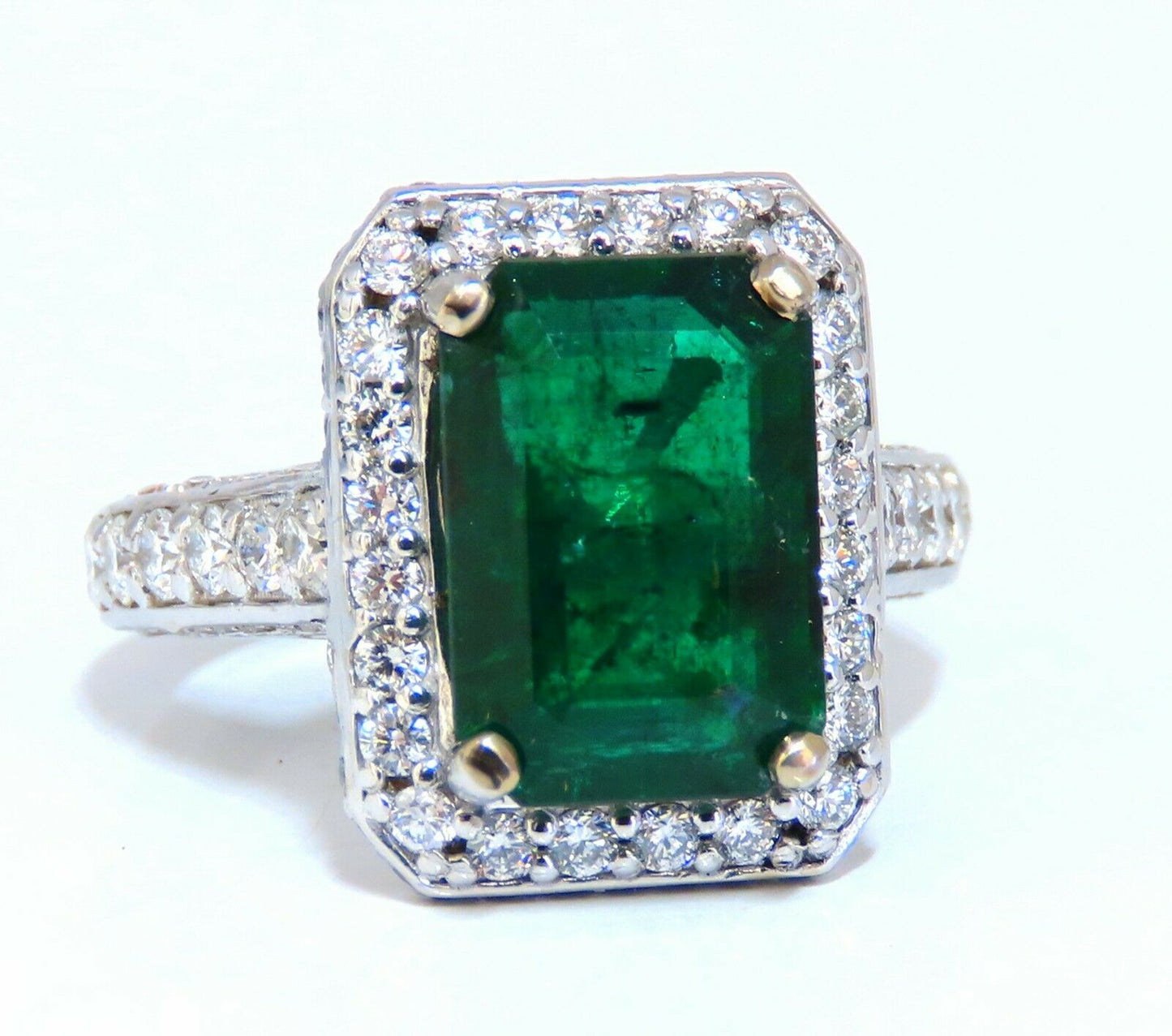 5.52ct Natural Vivid Green Emerald Diamonds Ring 14kt Mod Halo Bead Set Deco