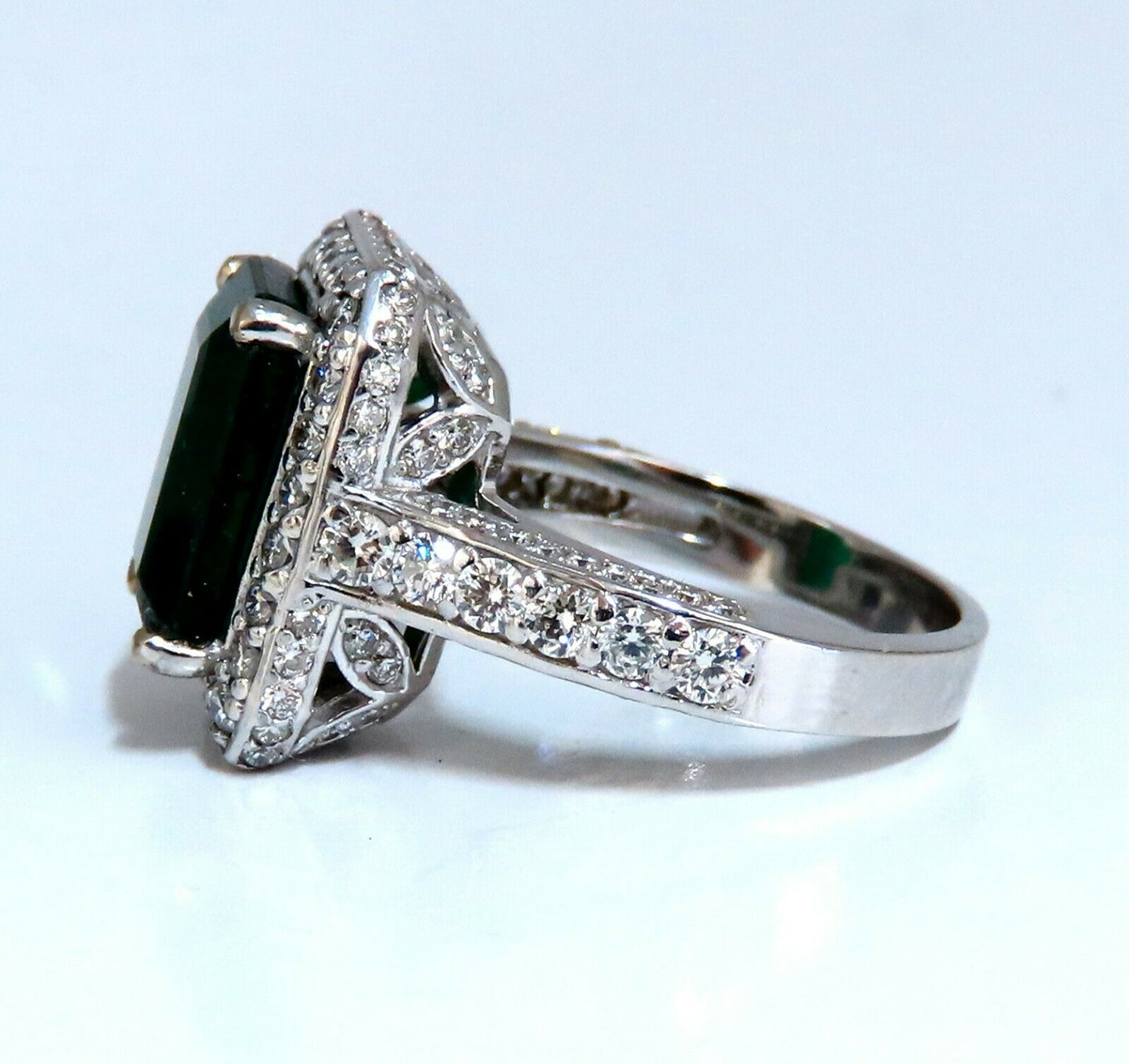5.52ct Natural Vivid Green Emerald Diamonds Ring 14kt Mod Halo Bead Set Deco