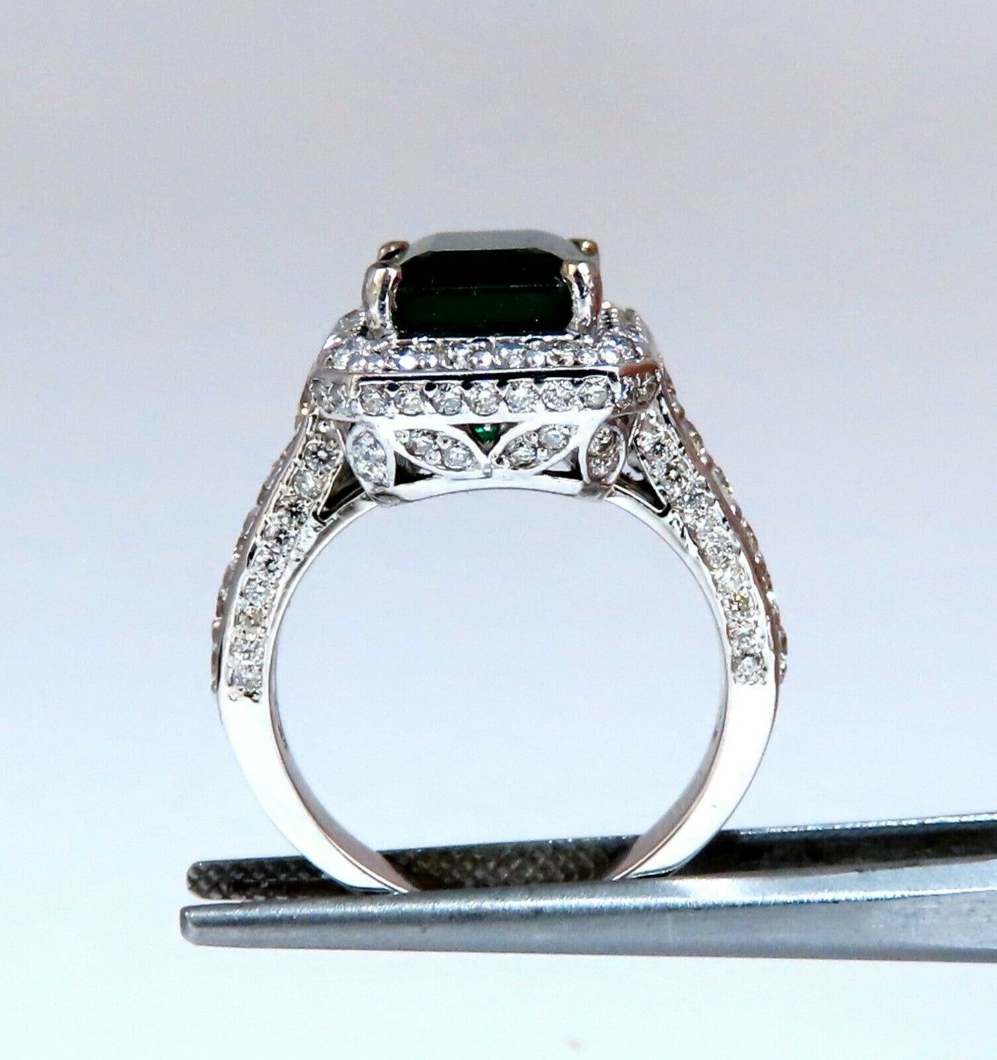 5.52ct Natural Vivid Green Emerald Diamonds Ring 14kt Mod Halo Bead Set Deco