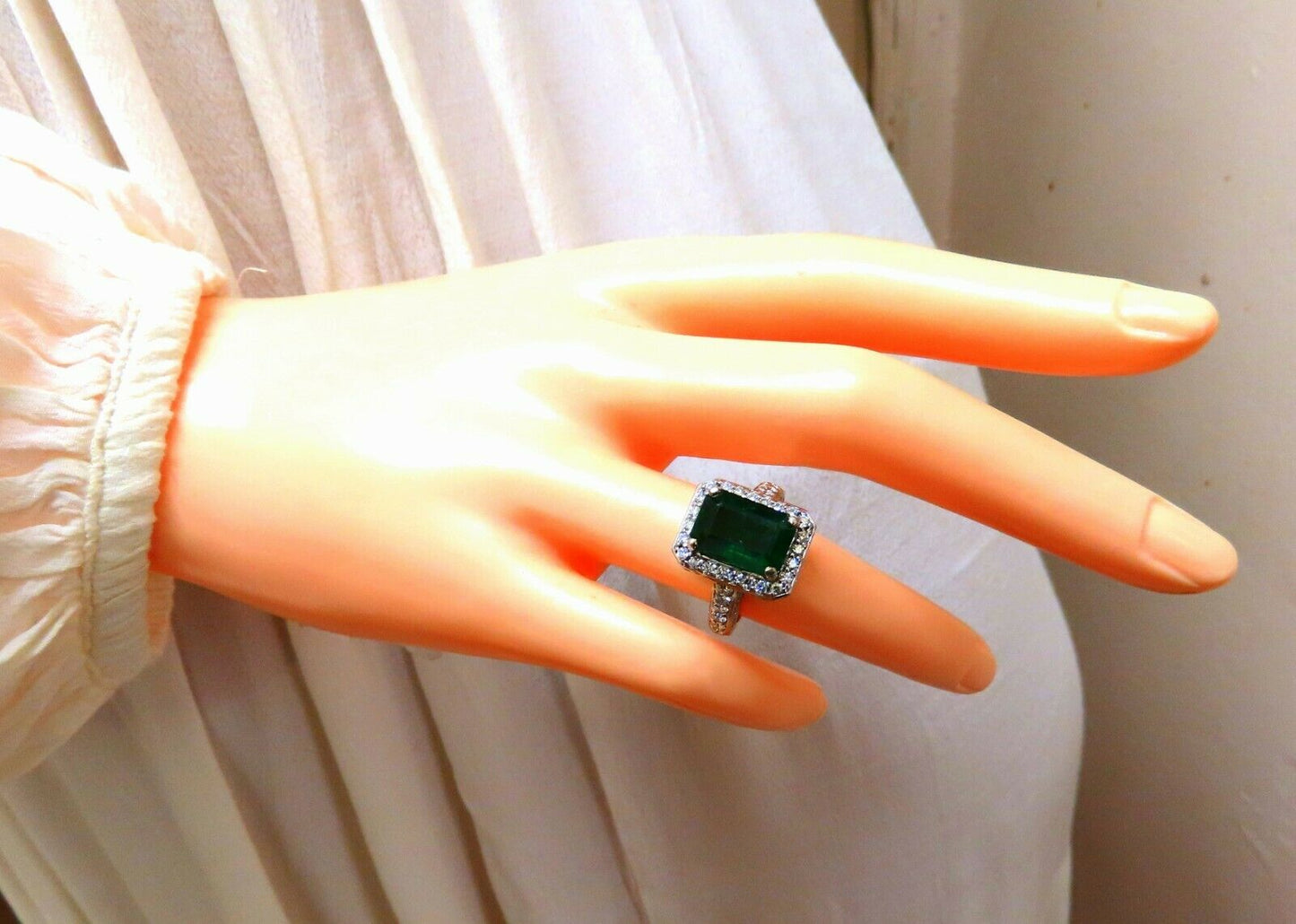 5.52ct Natural Vivid Green Emerald Diamonds Ring 14kt Mod Halo Bead Set Deco