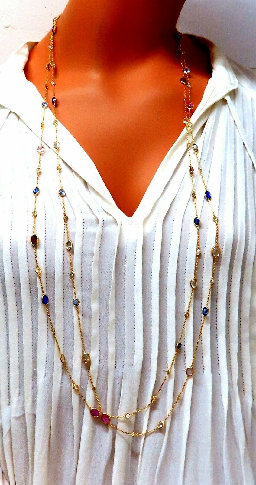 43.05ct. Natural Vivid Sapphires Diamonds Yard Necklace 14kt 4 Tier Wrap 76 inch