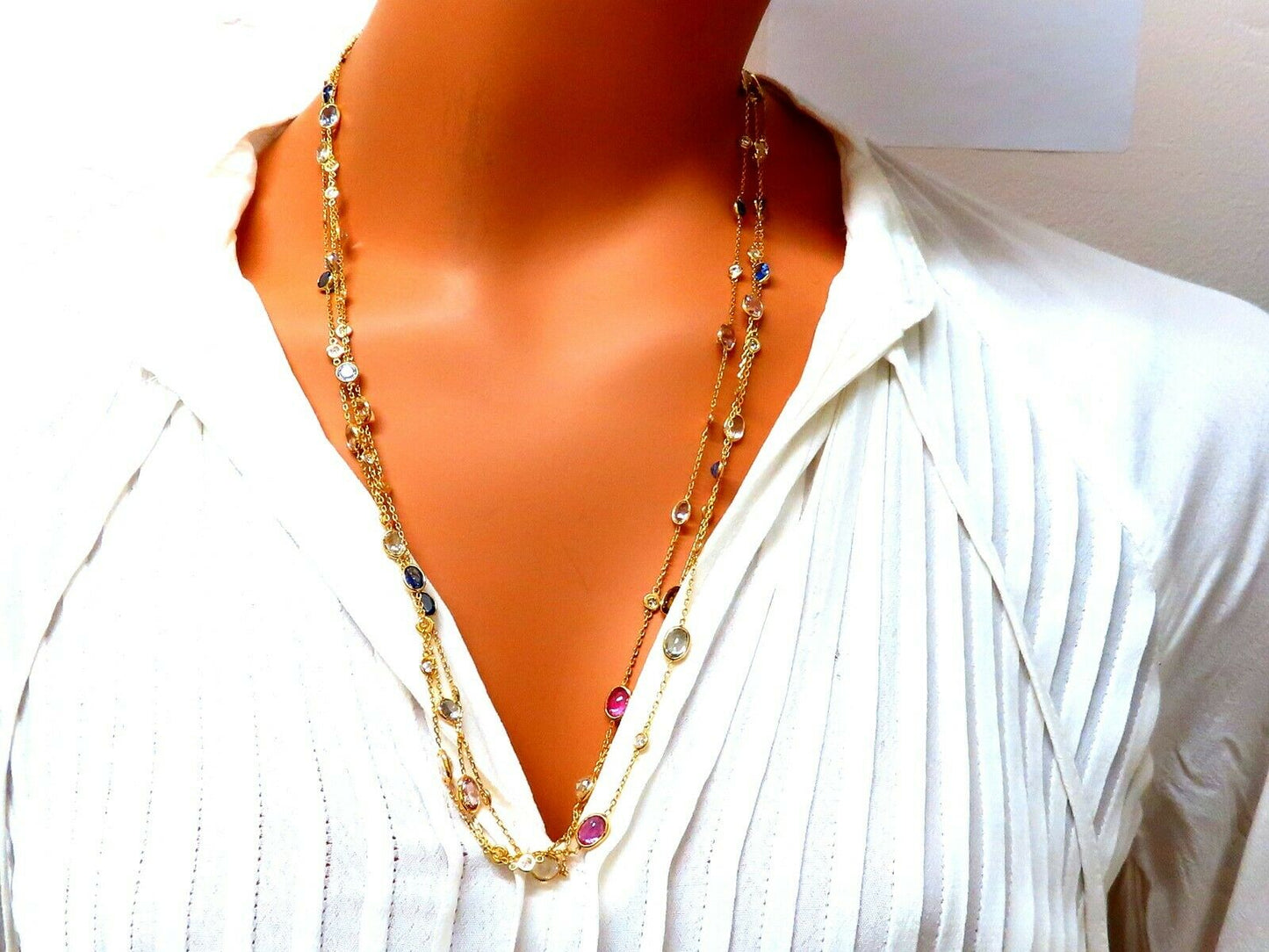 43.05ct. Natural Vivid Sapphires Diamonds Yard Necklace 14kt 4 Tier Wrap 76 inch