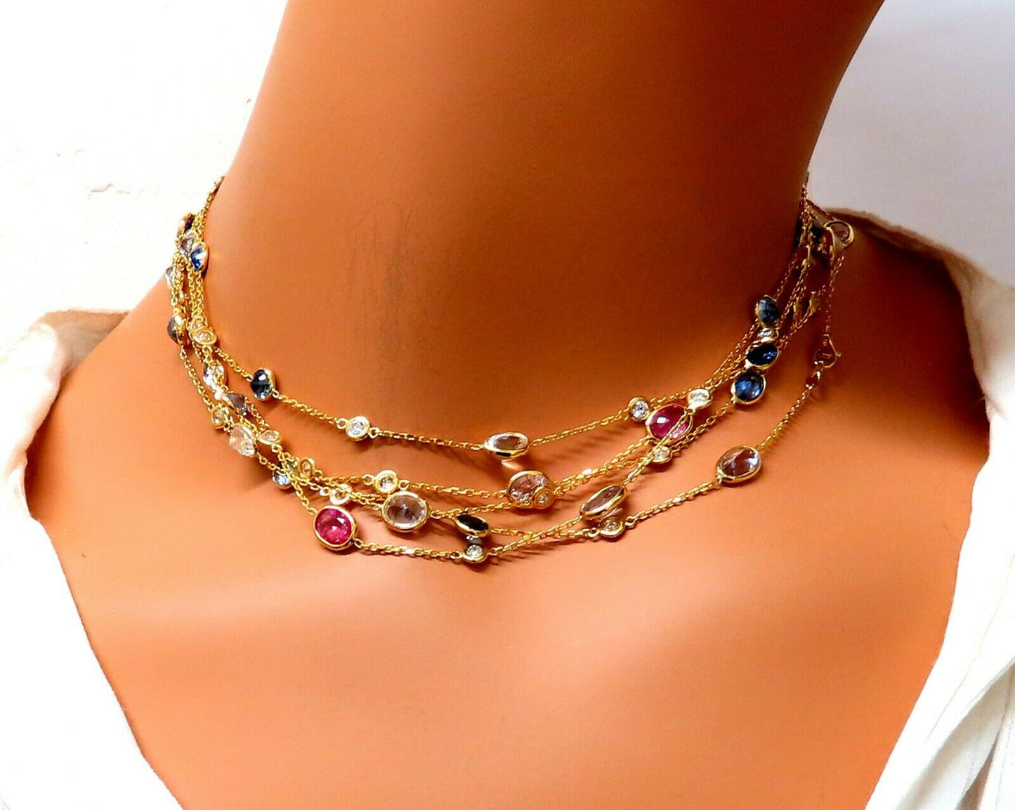 43.05ct. Natural Vivid Sapphires Diamonds Yard Necklace 14kt 4 Tier Wrap 76 inch