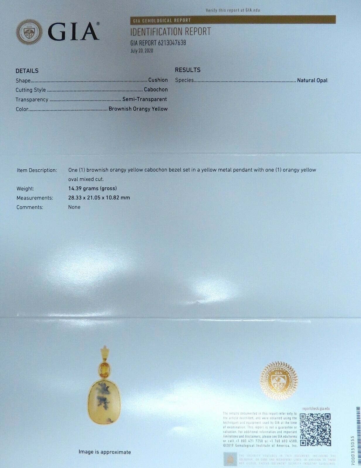 GIA Certified Natural Opal & Yellow Sapphire Pendant with Retractable Clasp 18kt