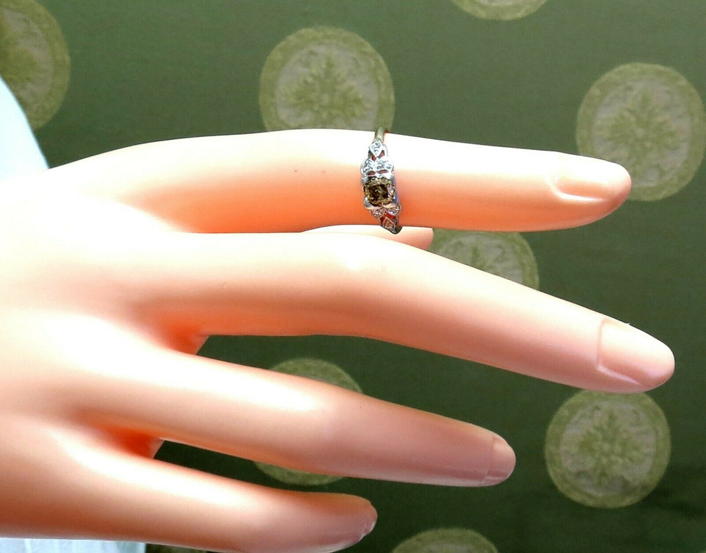 .60ct Natural Yellow Green Brown Diamond Vintage Gilt Ring Platinum