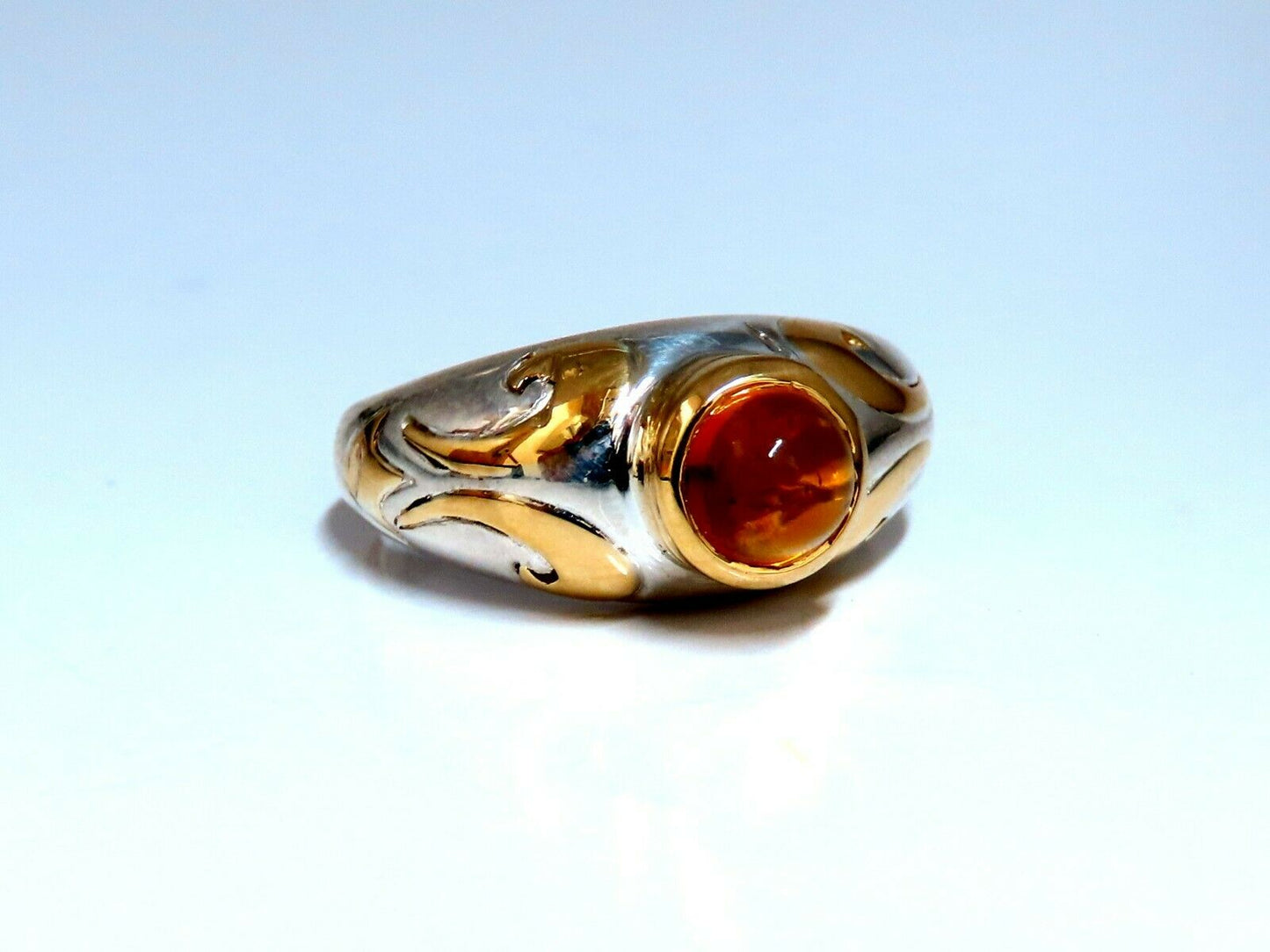 Natural Cabochon Citrine Ring Silver & 18kt Gold Inlay Venetian Mod Deco