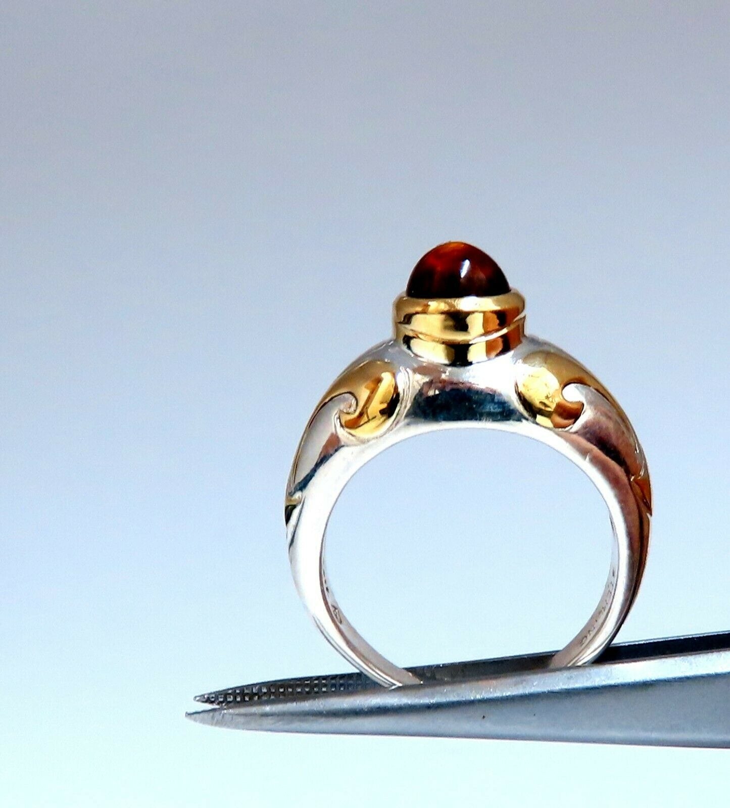 Natural Cabochon Citrine Ring Silver & 18kt Gold Inlay Venetian Mod Deco