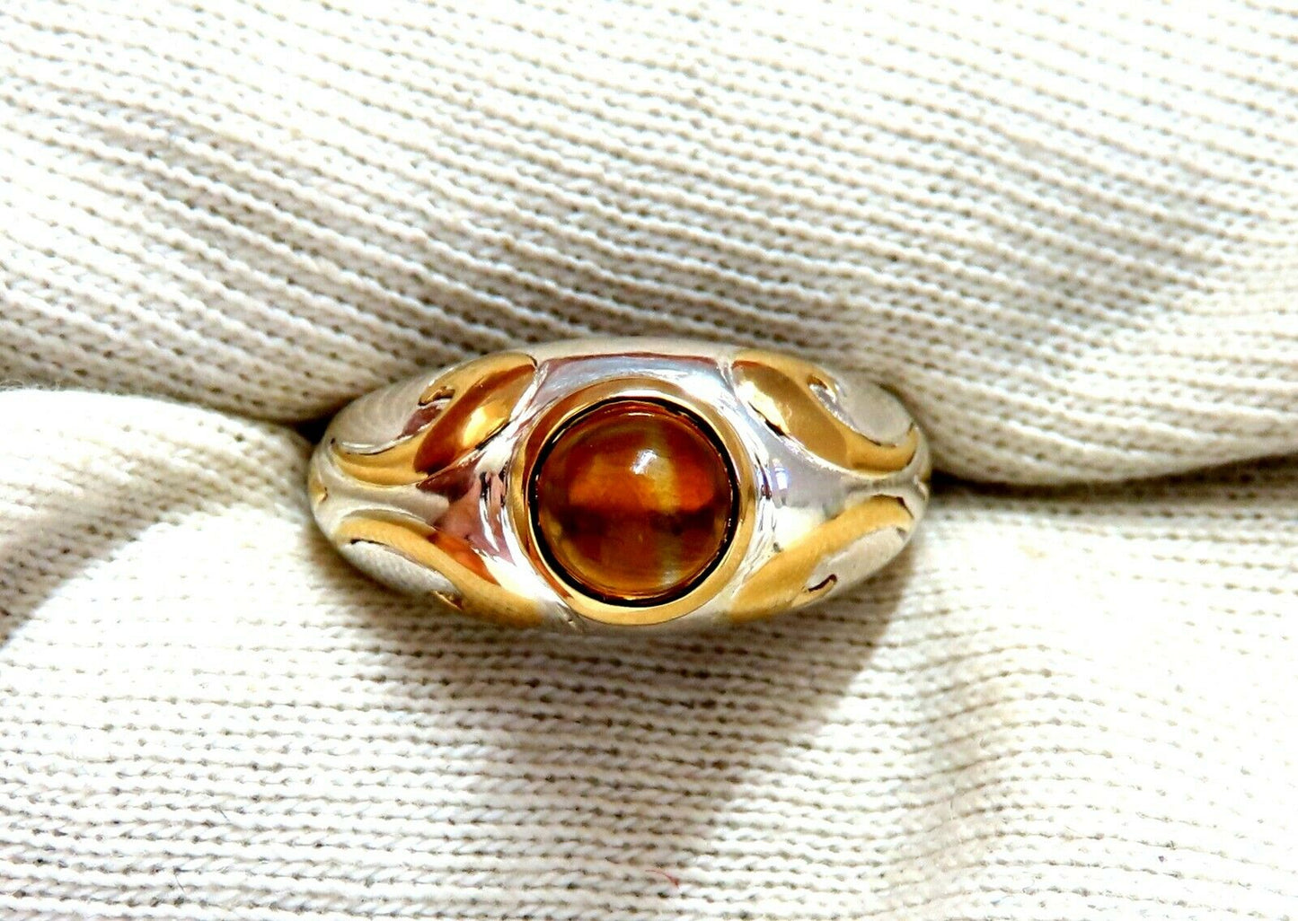 Natural Cabochon Citrine Ring Silver & 18kt Gold Inlay Venetian Mod Deco
