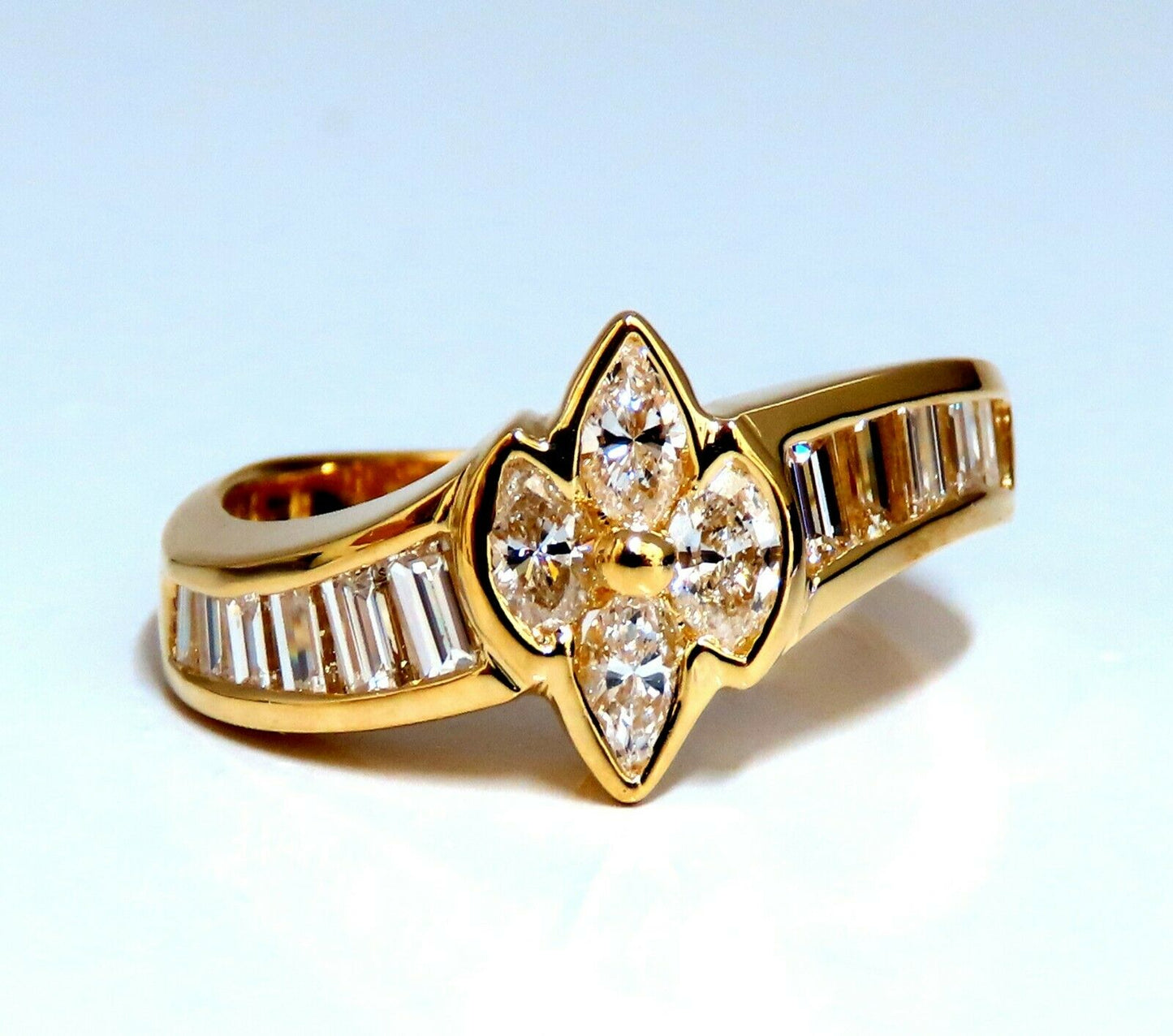 1.10ct. Natural Marquise Diamonds Cluster Ring 18kt Baguette Accents