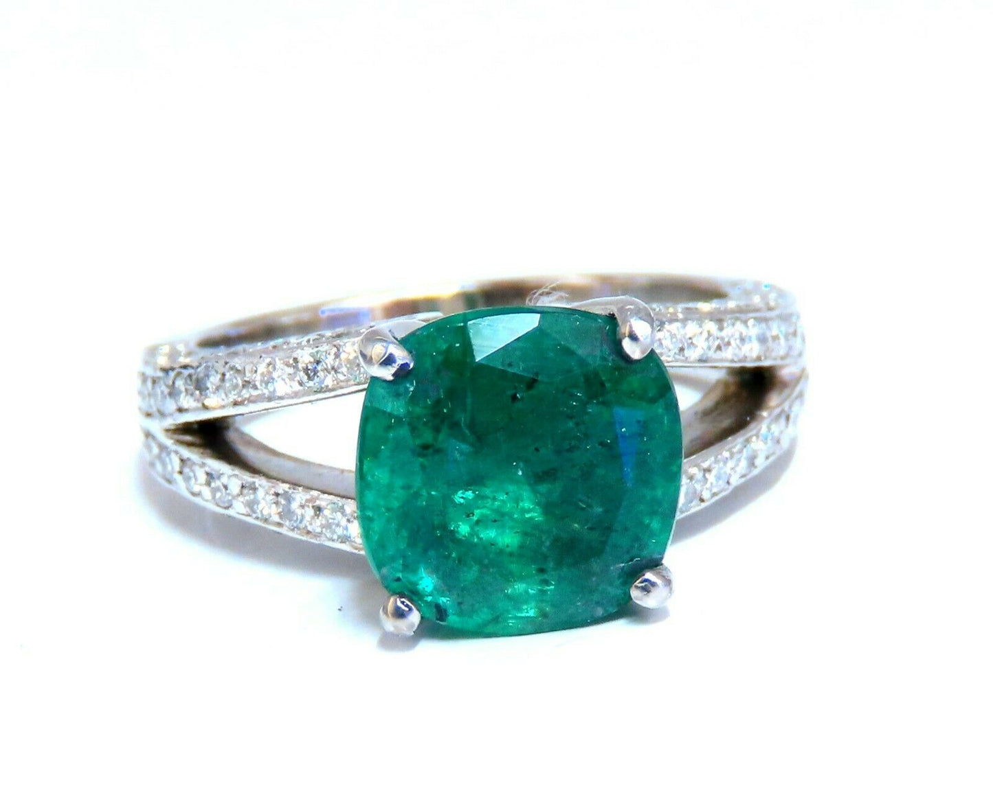 5.30ct Natural Cushion Emerald Diamonds Ring Platinum Split Shank Fine Green