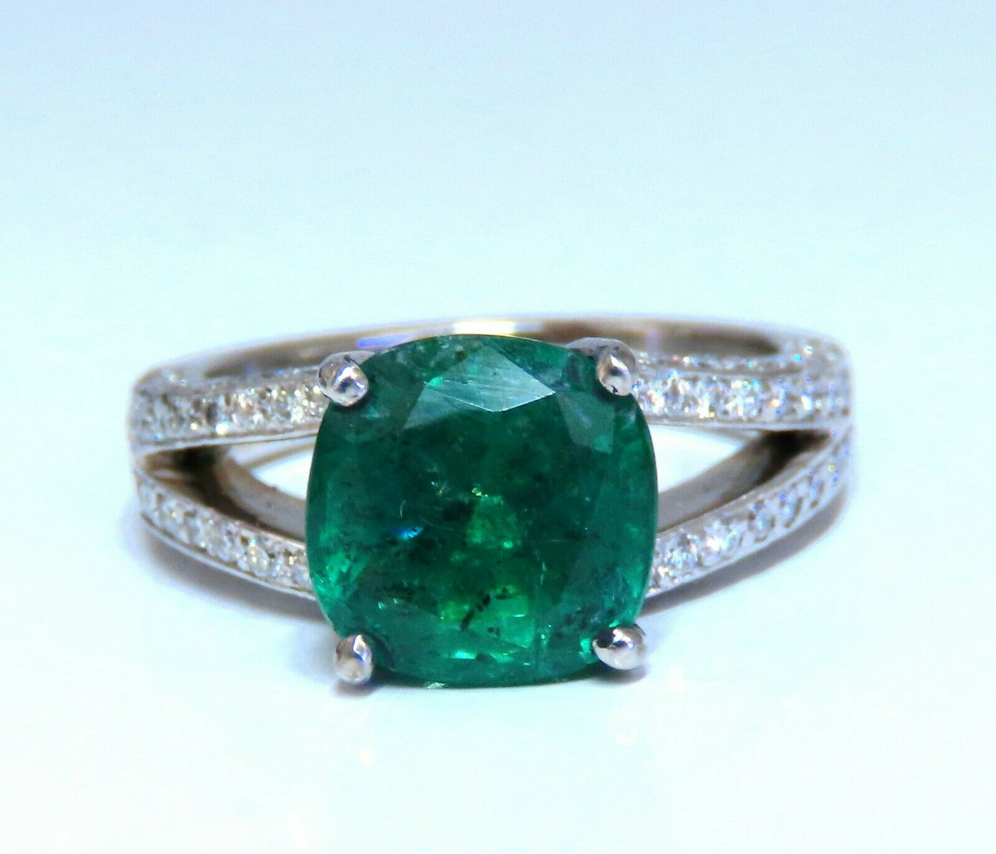 5.30ct Natural Cushion Emerald Diamonds Ring Platinum Split Shank Fine Green