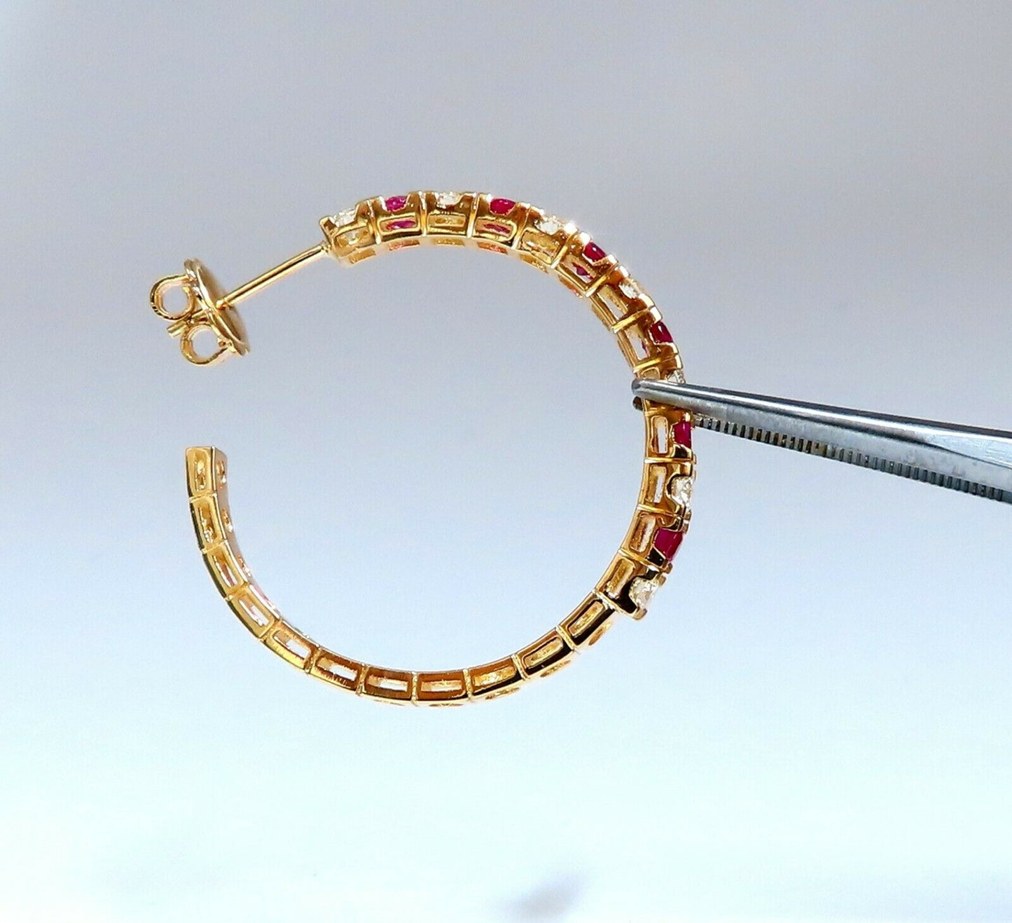 2.10ct natural vivid red ruby diamond hoop earrings 14kt yellow gold