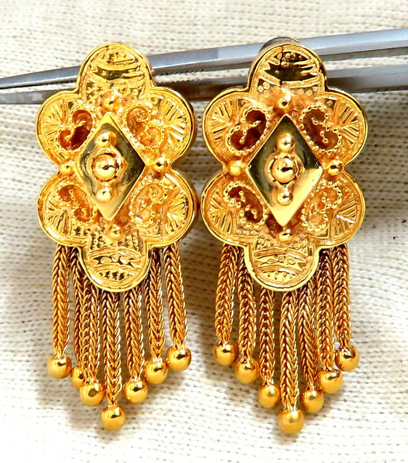 Retro Tribal Elongated Clover Tassel Dangle Earrings 14kt