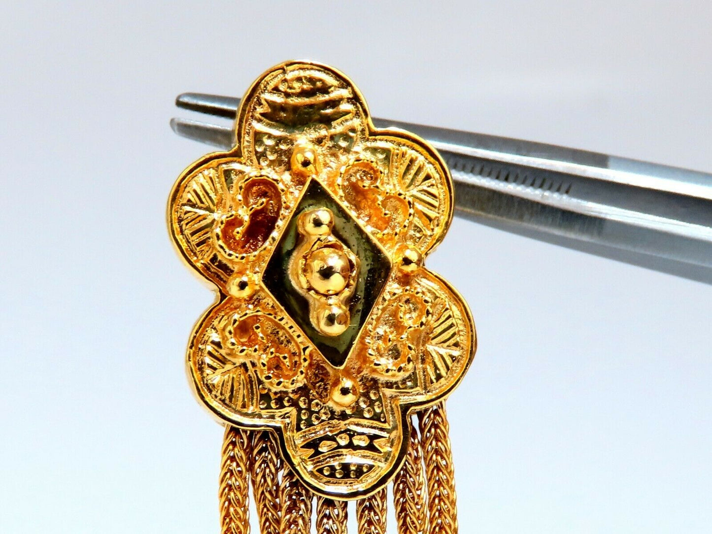 Retro Tribal Elongated Clover Tassel Dangle Earrings 14kt