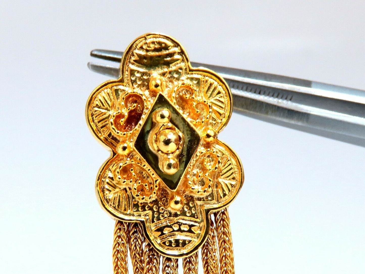 Retro Tribal Elongated Clover Tassel Dangle Earrings 14kt