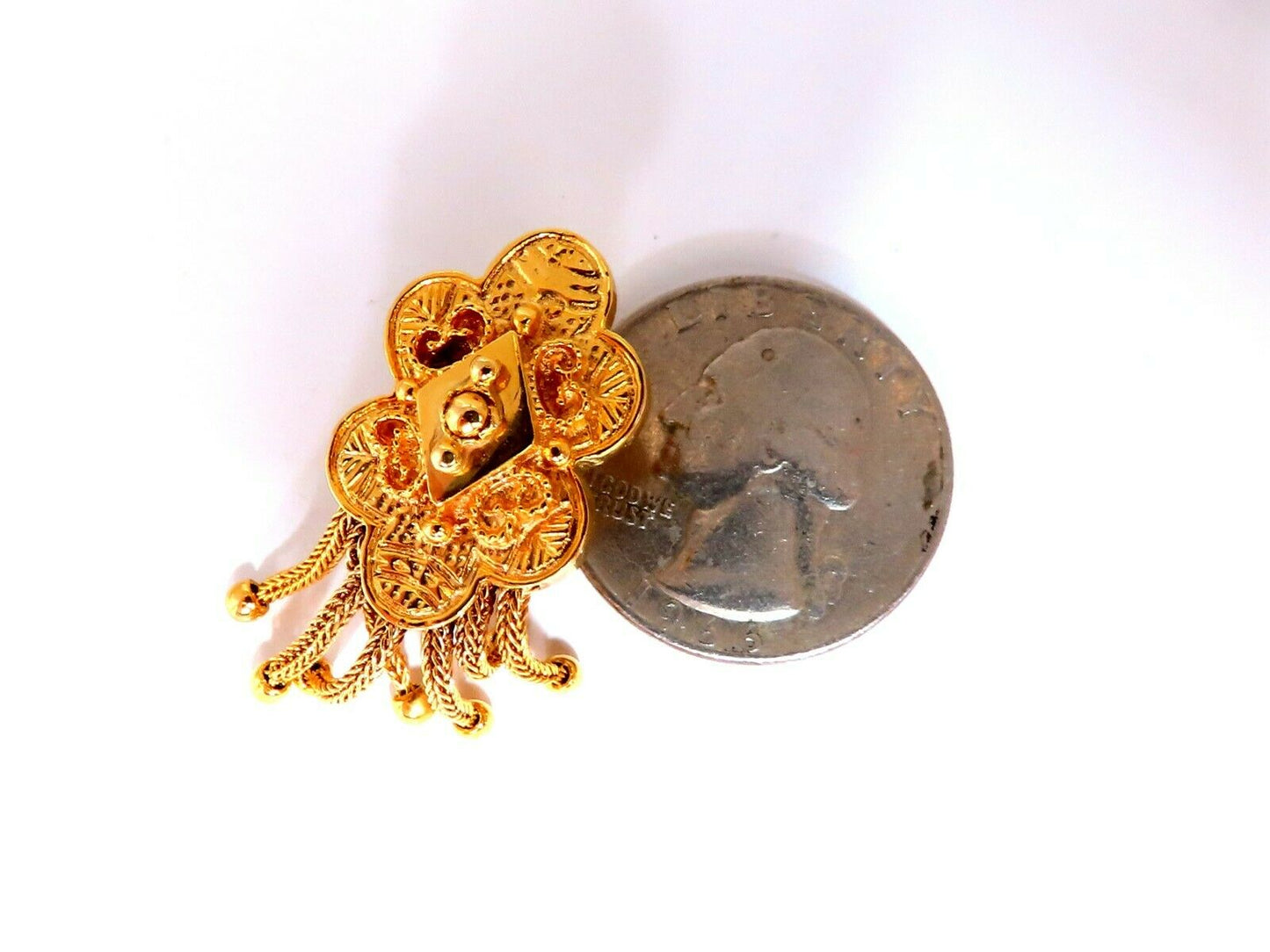 Retro Tribal Elongated Clover Tassel Dangle Earrings 14kt