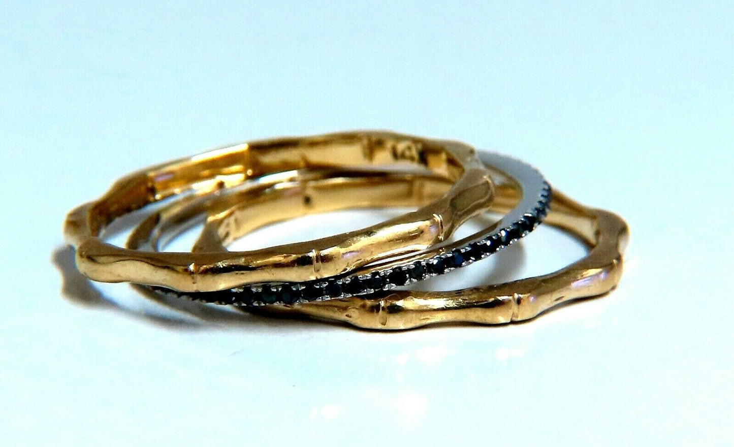 .40ct Natural Black Diamonds & Bamboo Deco Bands Stacking Rings 14kt