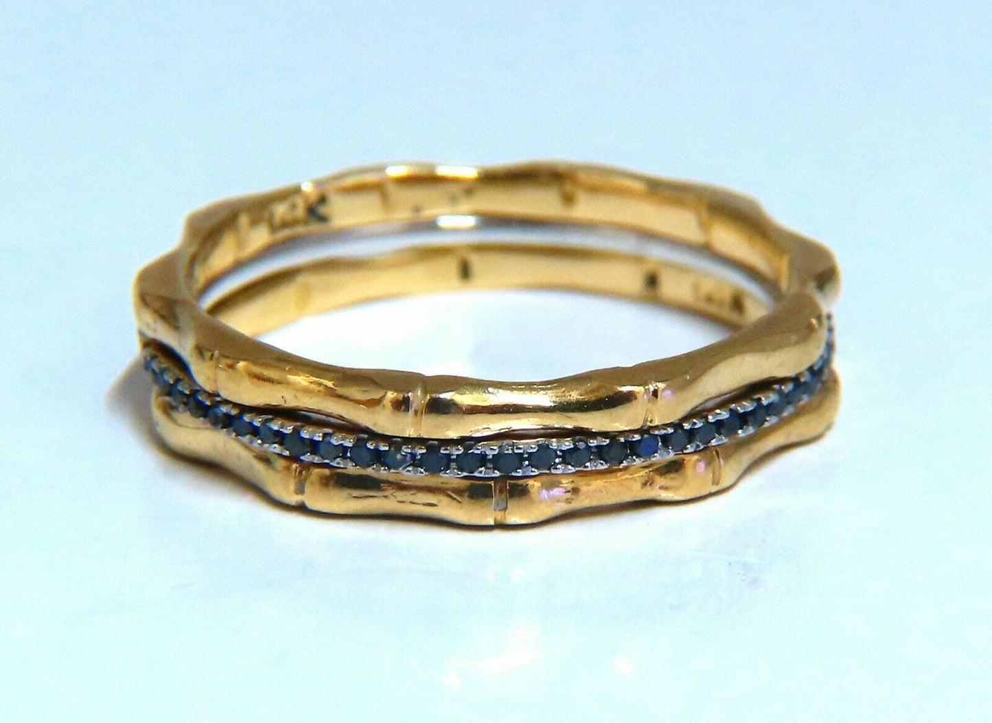 .40ct Natural Black Diamonds & Bamboo Deco Bands Stacking Rings 14kt