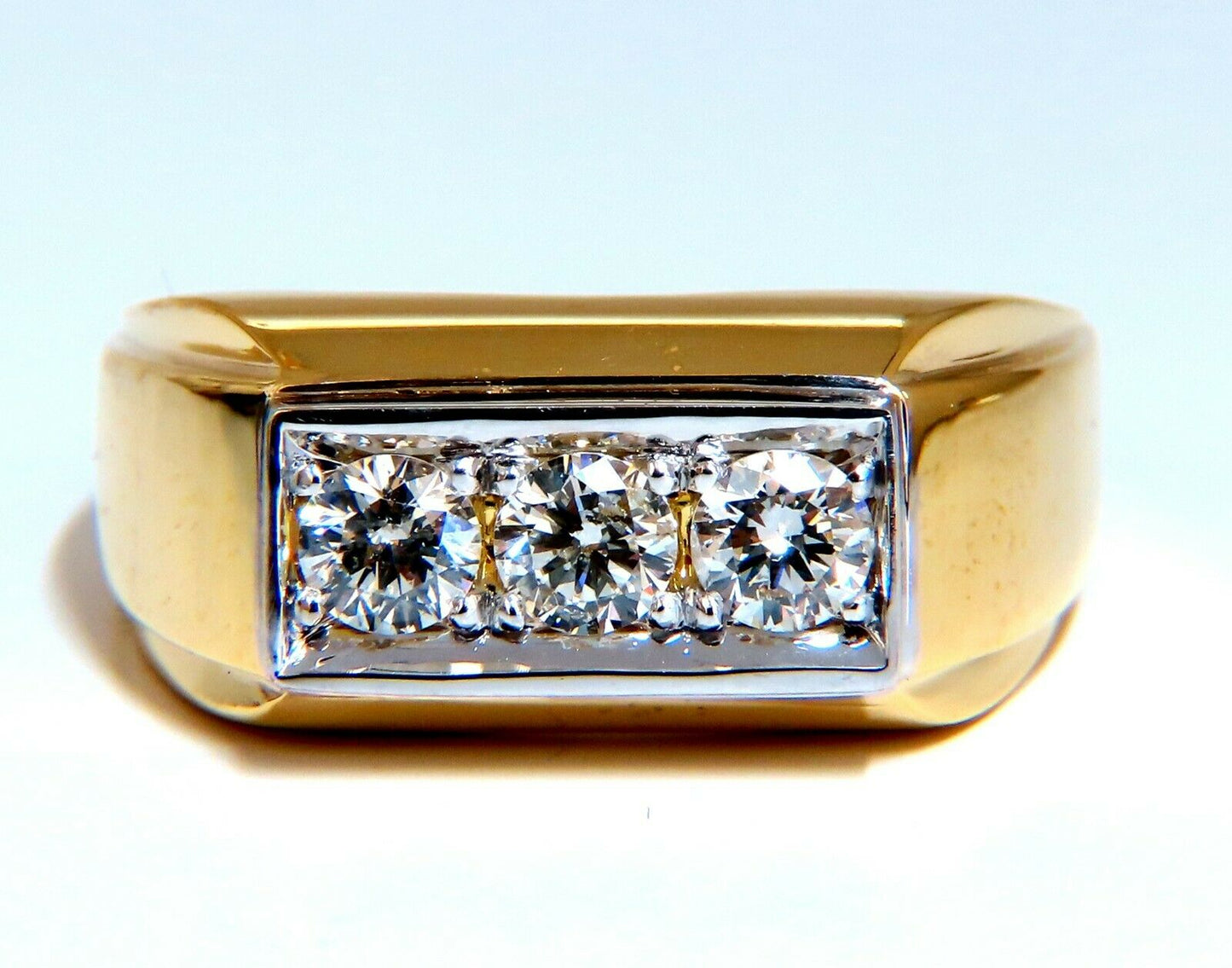 .85ct Natural Three Stone Masculine Pave Beaded Flat Deck Mens Ring 14kt
