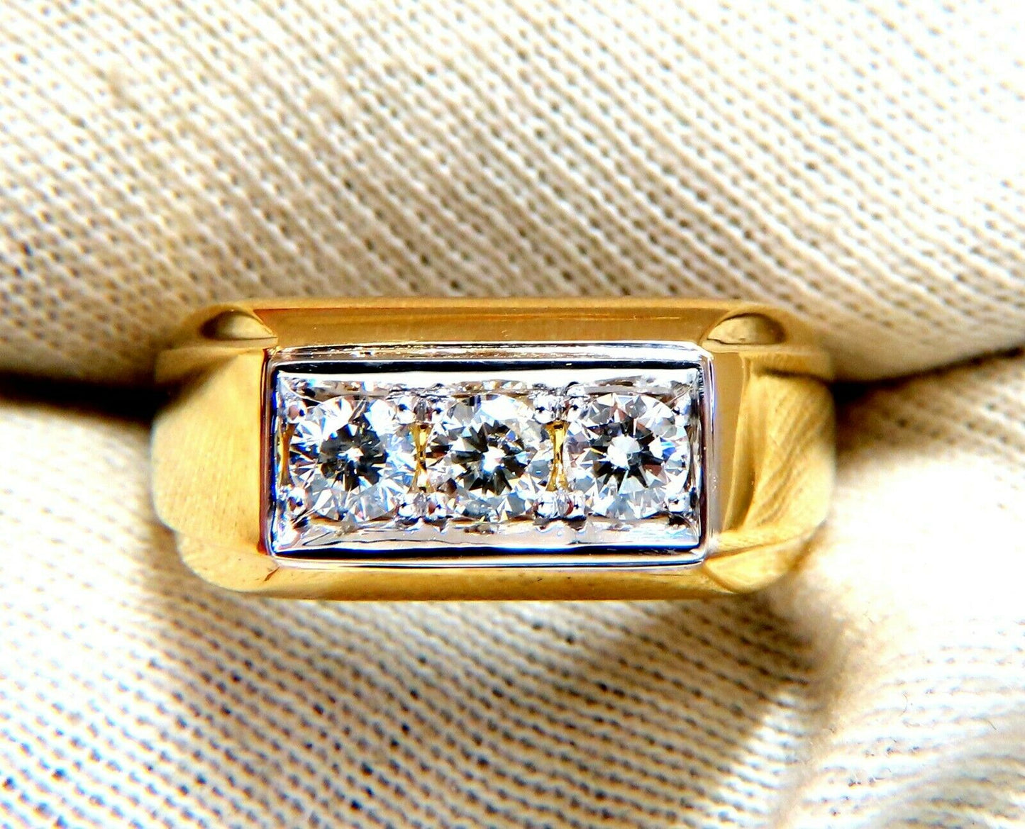 .85ct Natural Three Stone Masculine Pave Beaded Flat Deck Mens Ring 14kt