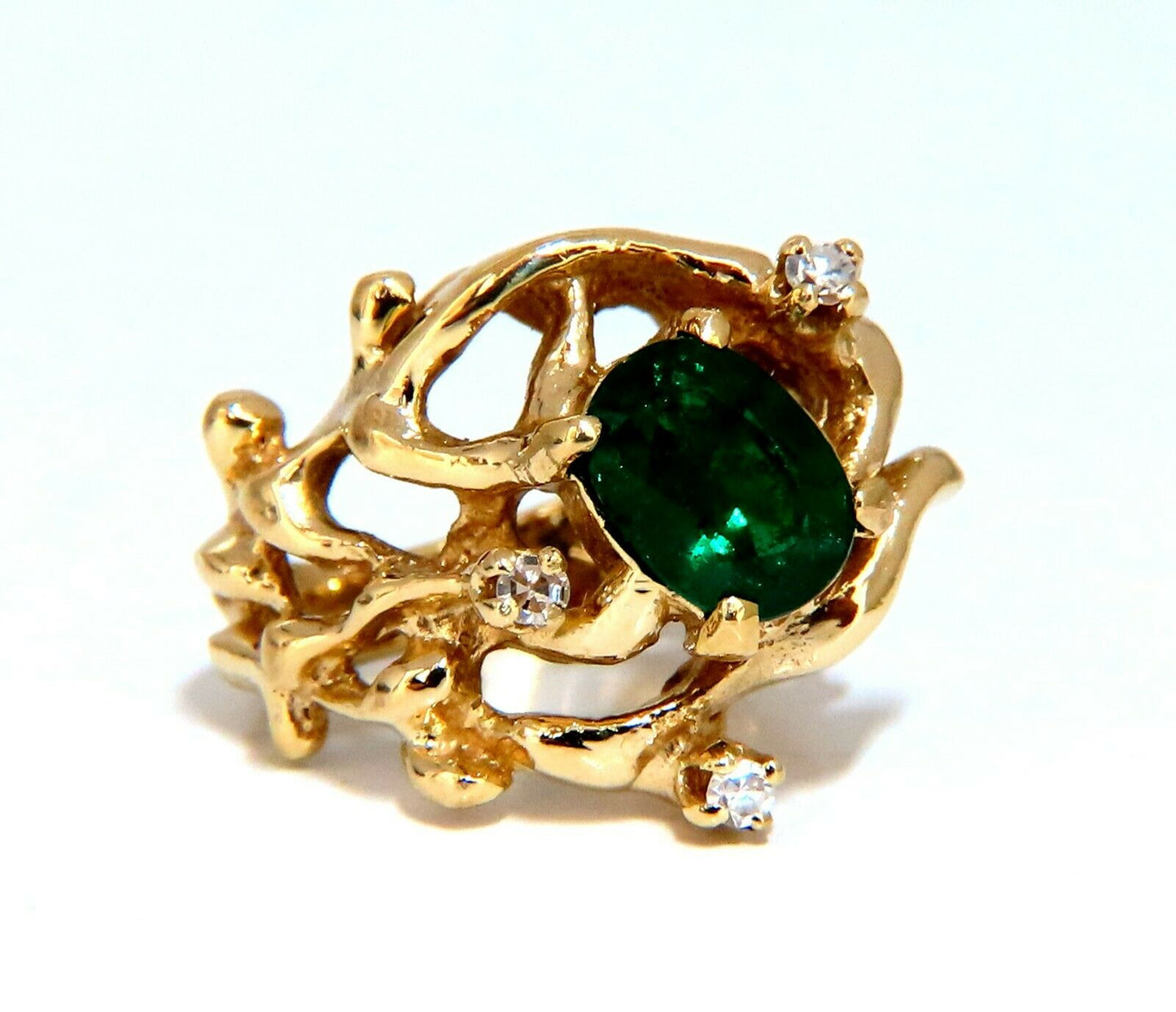 1.42ct Natural Vivid Green Emerald Diamonds Nugget Vine Ring 14kt