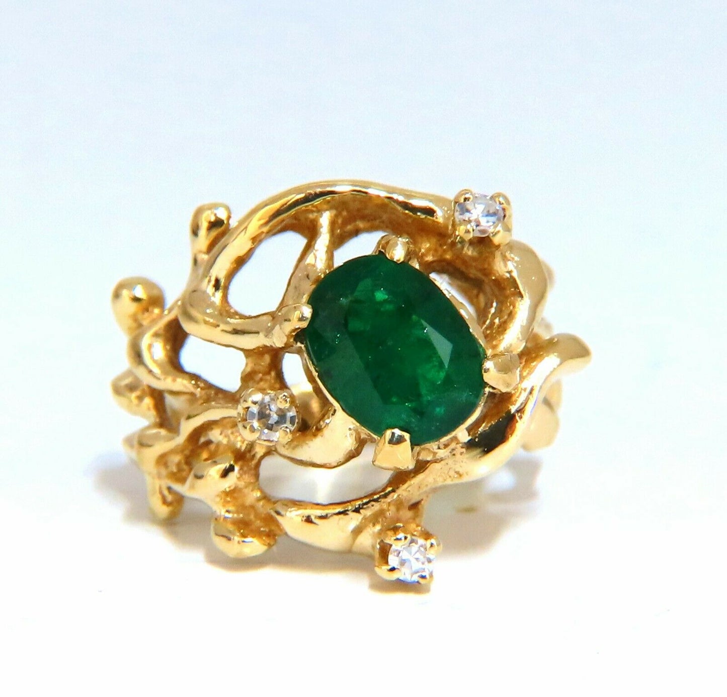 1.42ct Natural Vivid Green Emerald Diamonds Nugget Vine Ring 14kt