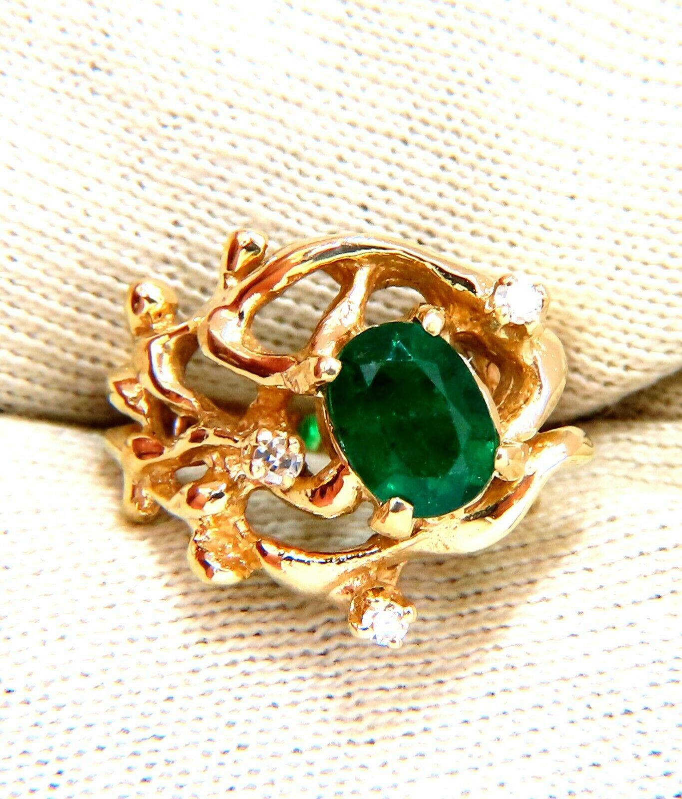 1.42ct Natural Vivid Green Emerald Diamonds Nugget Vine Ring 14kt