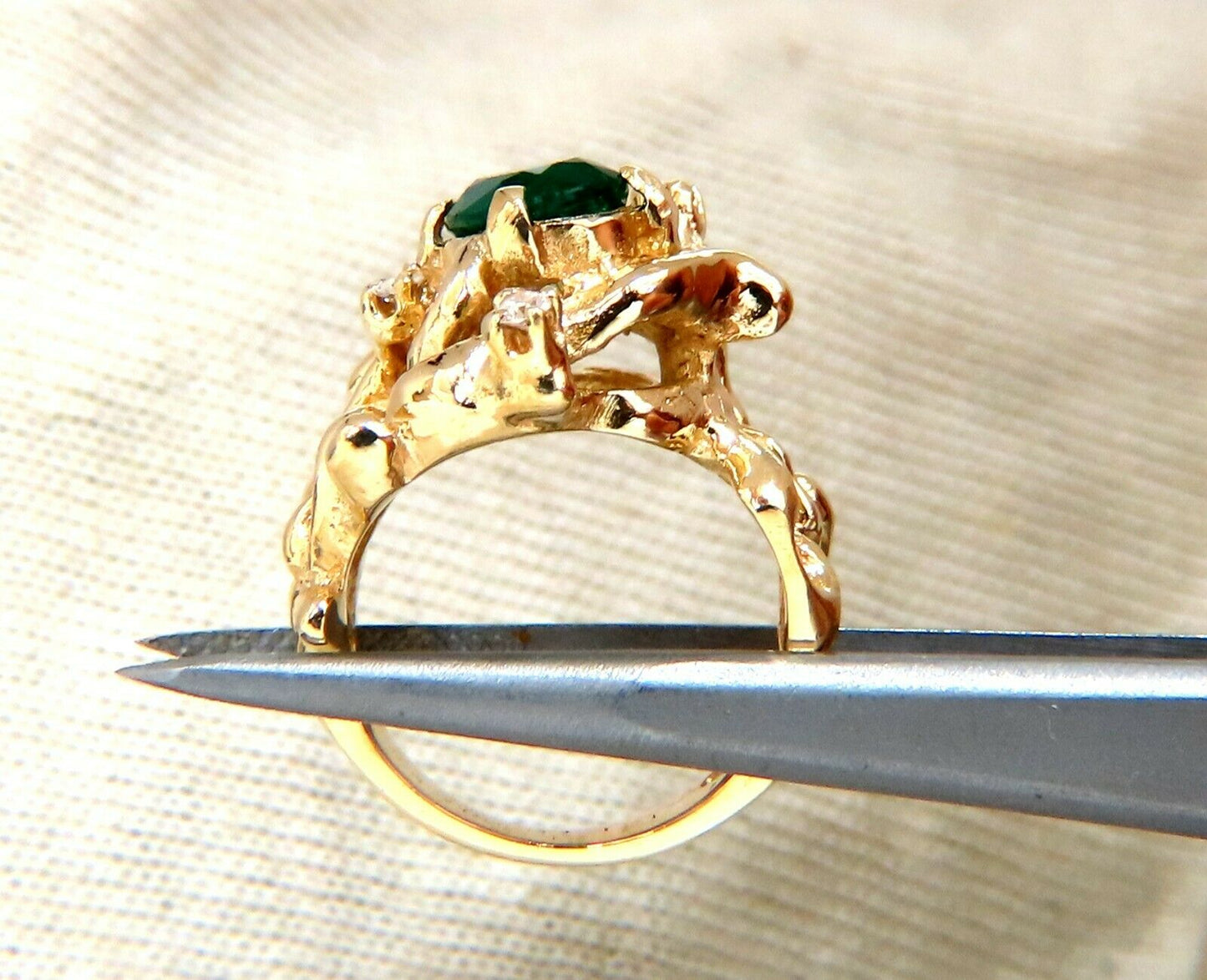 1.42ct Natural Vivid Green Emerald Diamonds Nugget Vine Ring 14kt