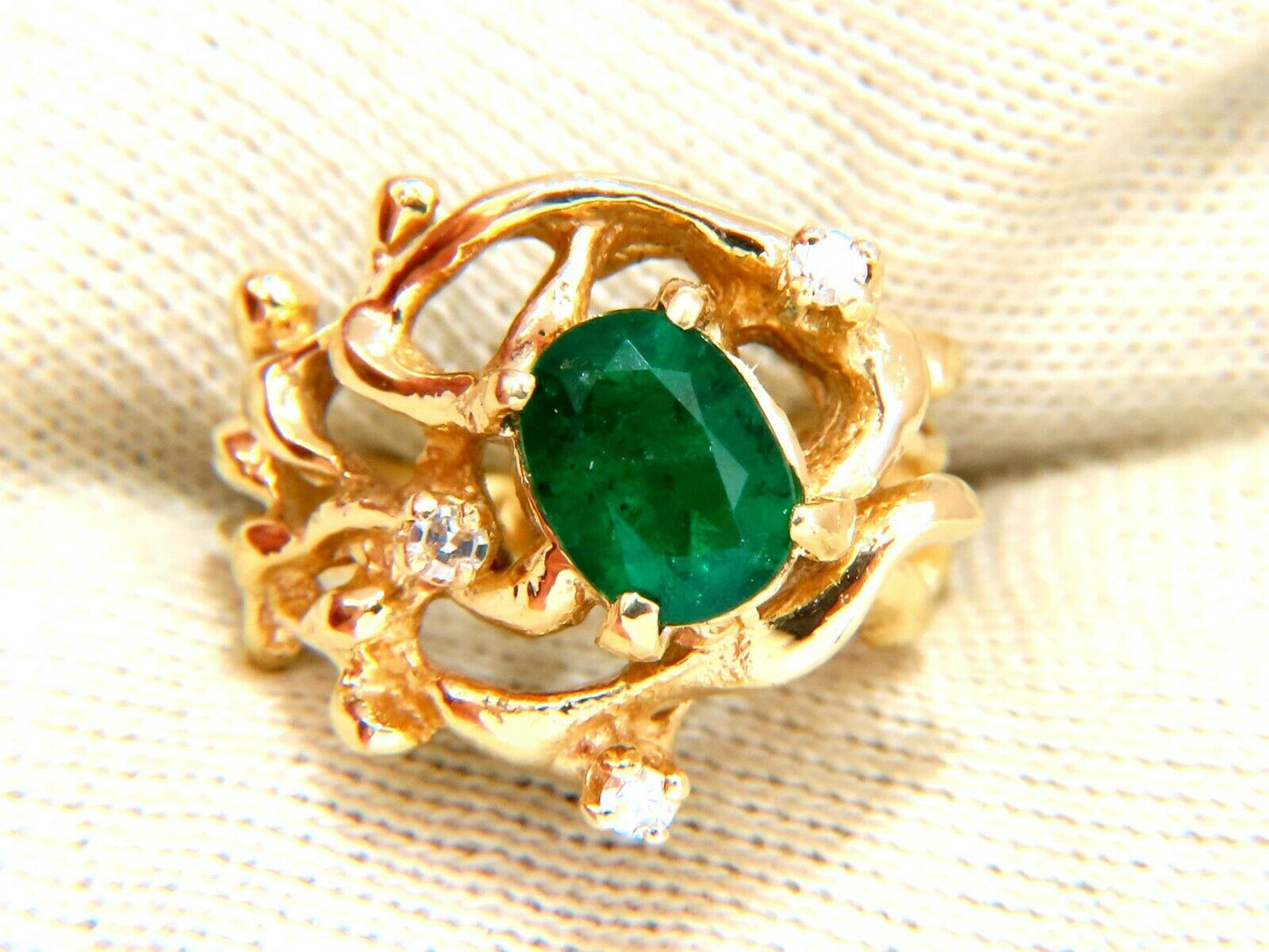 1.42ct Natural Vivid Green Emerald Diamonds Nugget Vine Ring 14kt