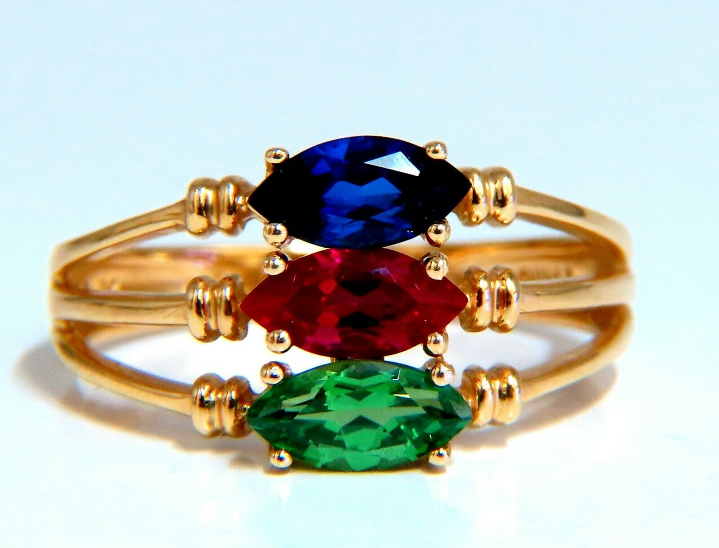 Lab Ruby Sapphire Emerald Three stone ring 14kt