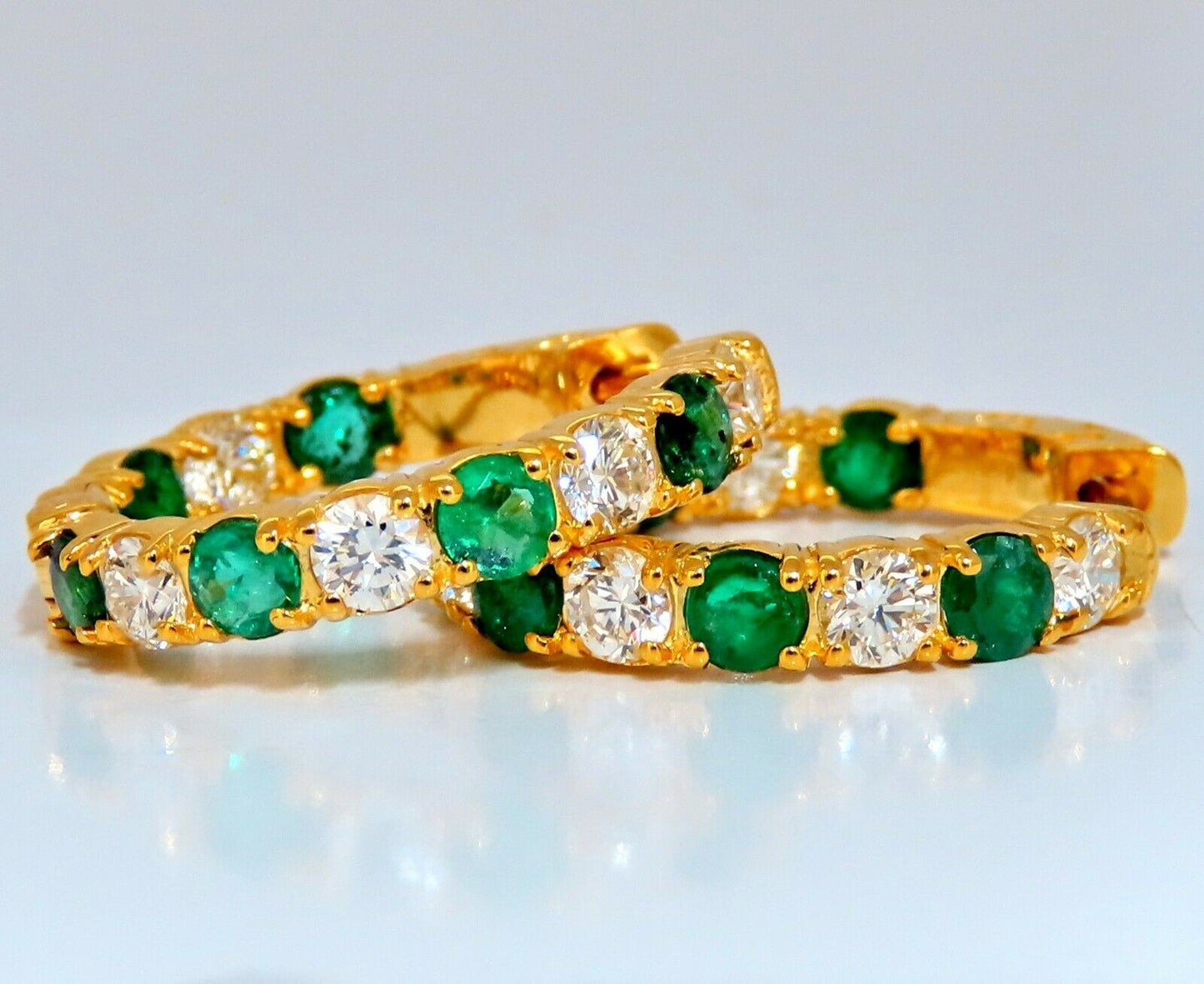 3.34ct natural emerald diamonds hoop earrings 14kt yellow gold inside out