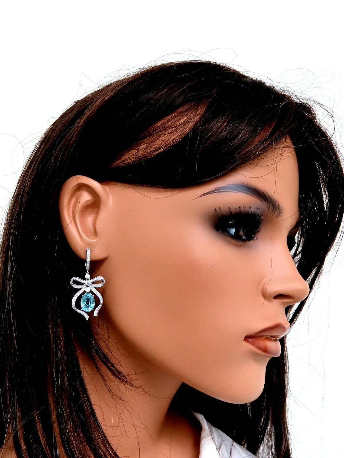 9.95ct natural blue zircon and diamonds dangle earrings 14kt Ribbon Love