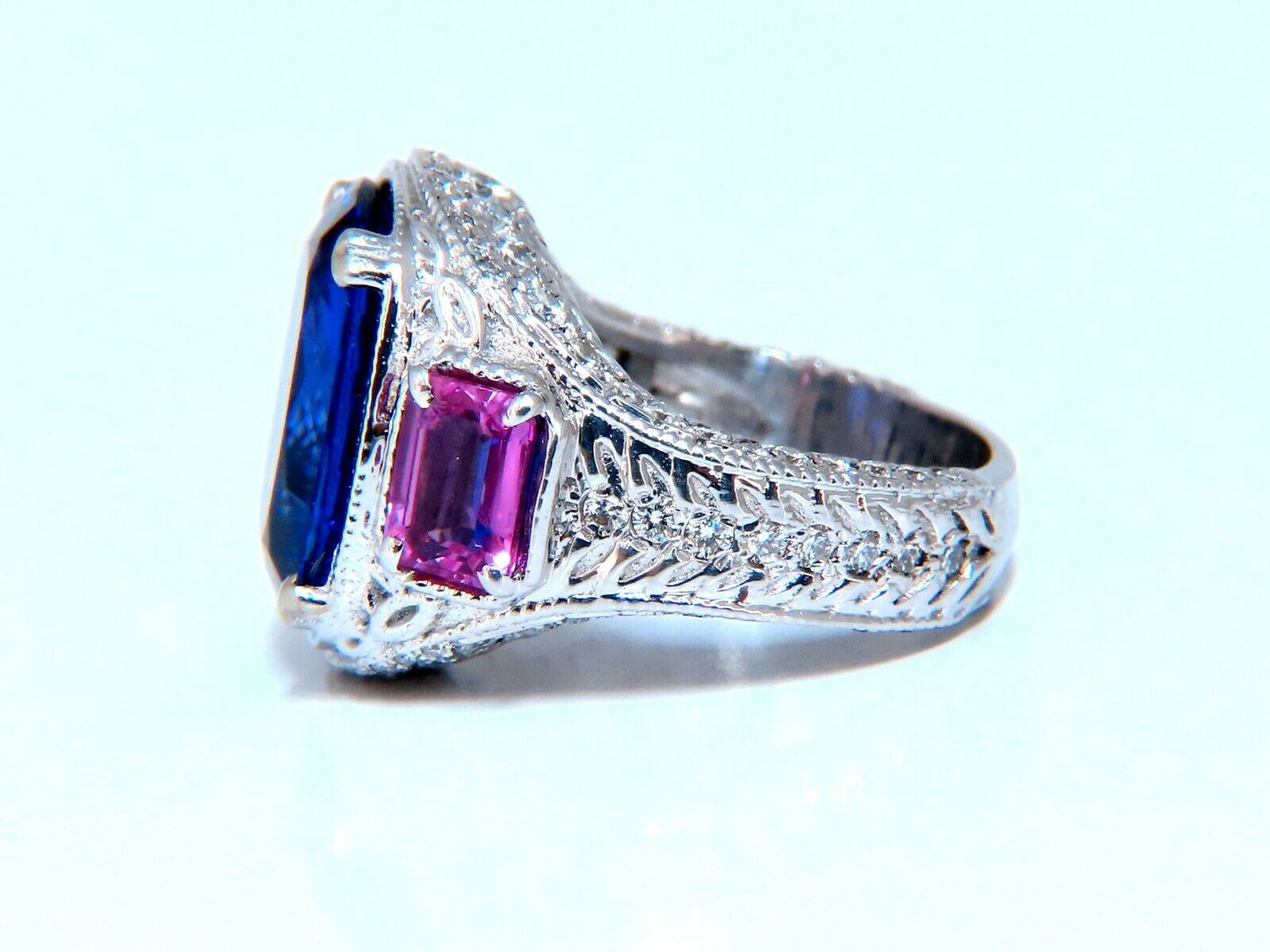 GIA Certified 13.01 natural Blue Tanzanite diamonds ring 14kt Pink Sapphires