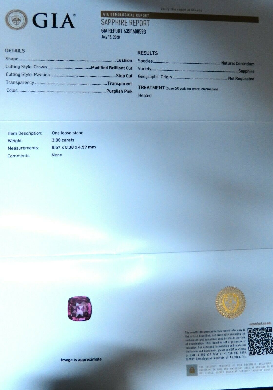 GIA Certified 3ct Natural purple pink Sapphire Diamonds Ring 18kt plat