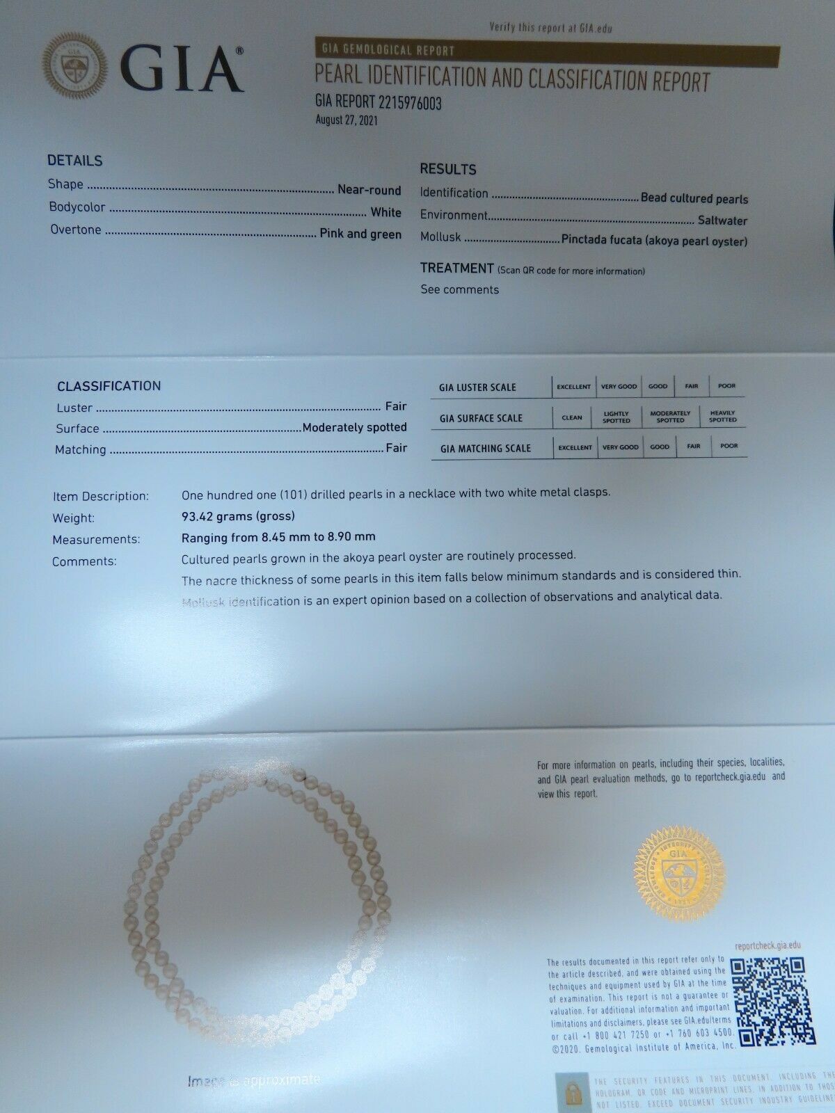 GIA certified Natural Akoya Pearls endless necklace 8.45mm