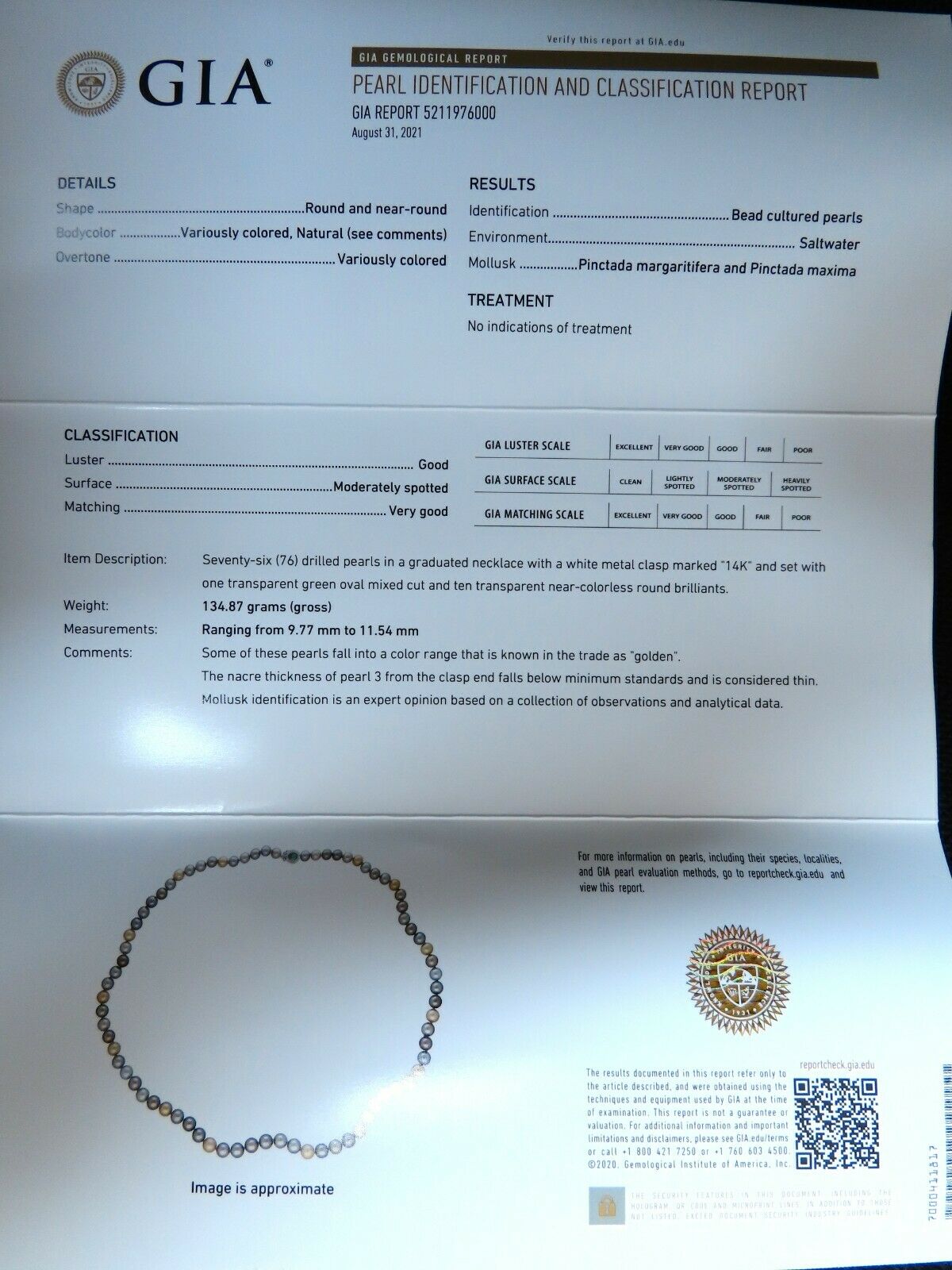 GIA certified Natural Multicolor Tahitian Saltwater Pearls necklace 11.5m 14k