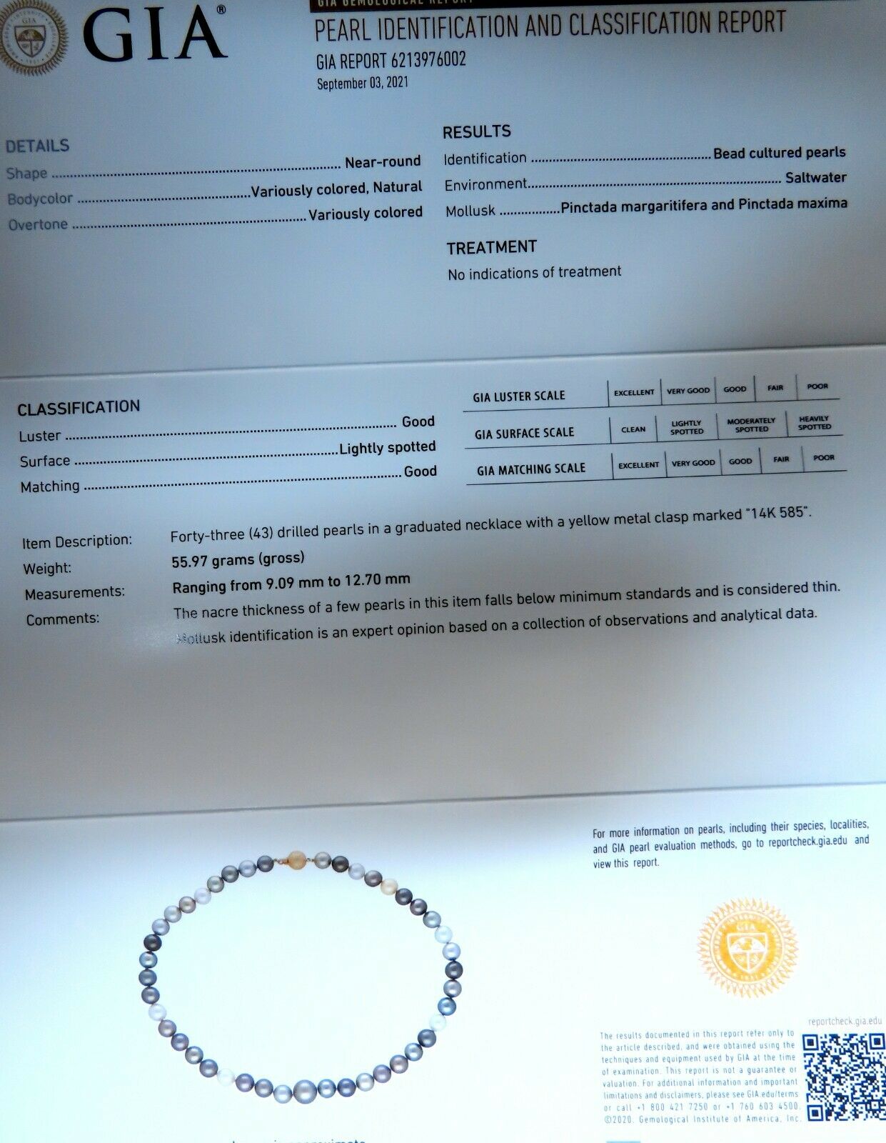 GIA certified Natural Multicolor Tahitian Saltwater Pearls necklace 12.7m 14k