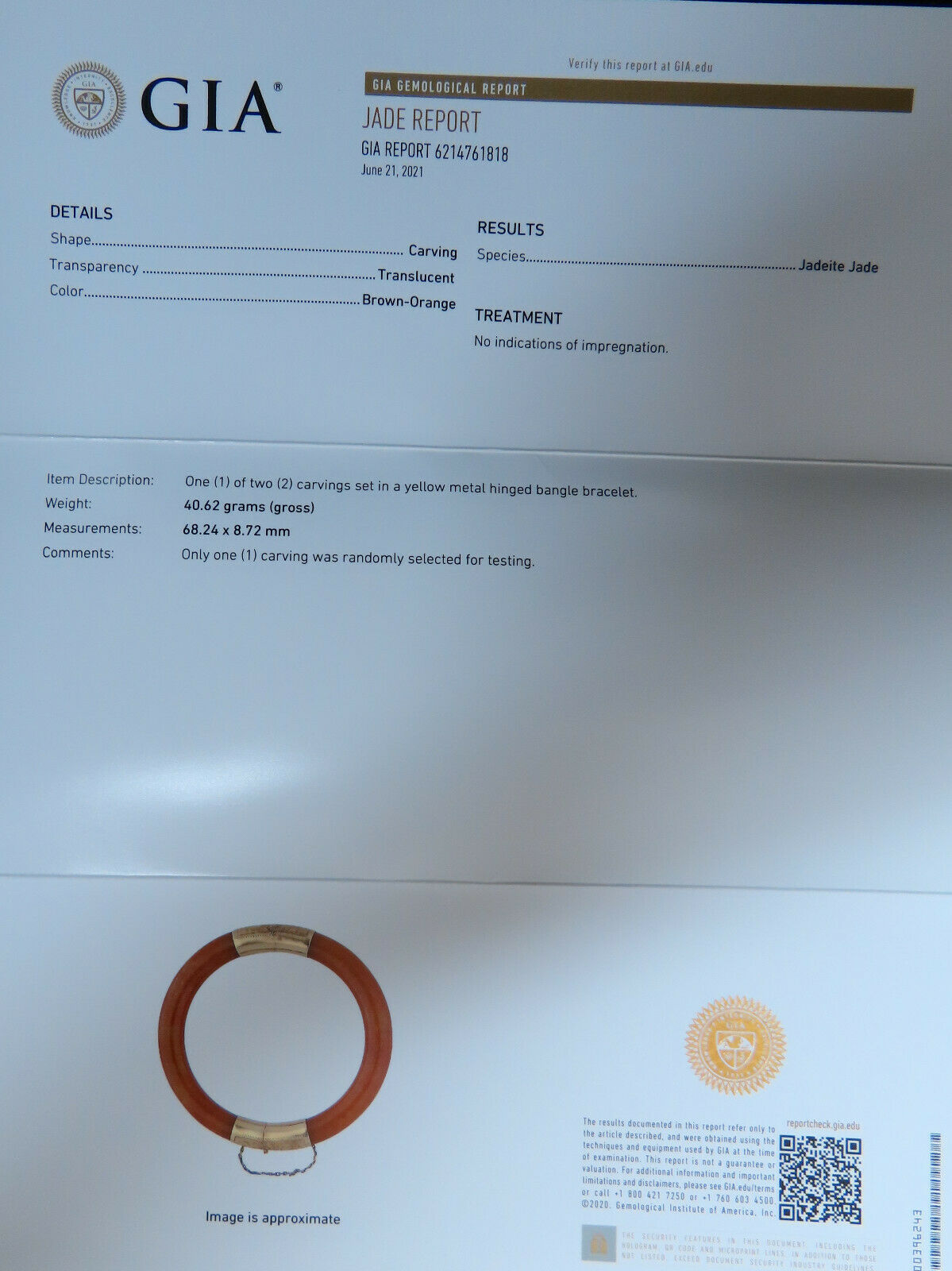 GIA Certified Natural IOrange Brwon Jade Bangle Bracelet 14kt