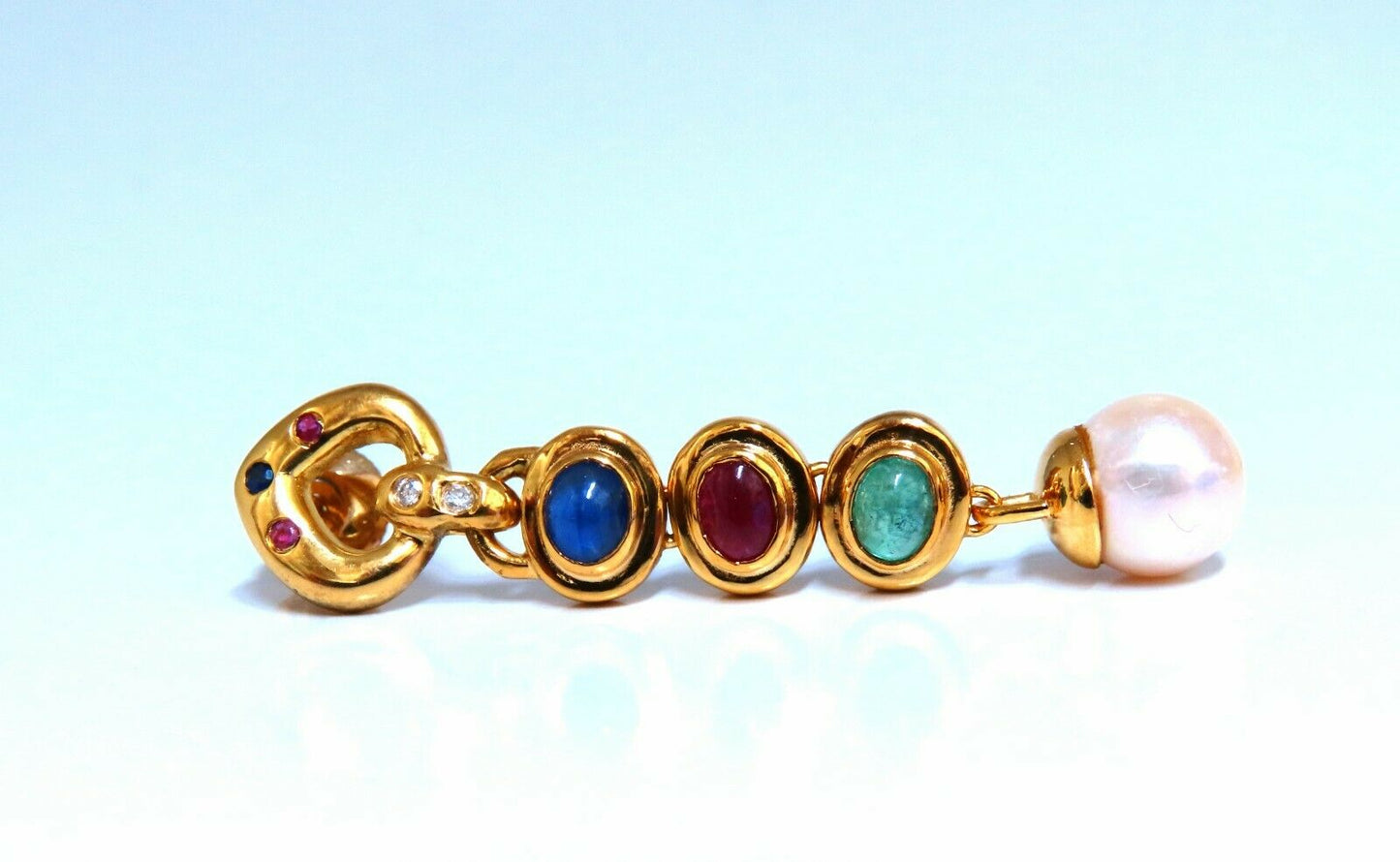 3ct Natural Ruby Emerald Sapphire Pearl Dangle Earrings 14kt