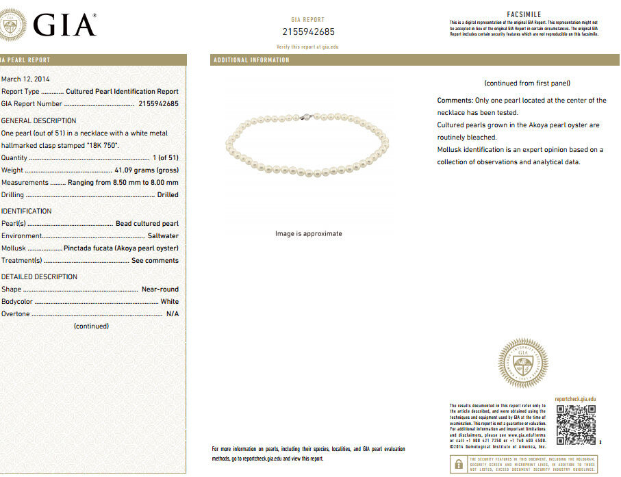 GIA 8.5mm Natural Akoya White Pearls Necklace 14KT Gold Ball Clasp 18inch