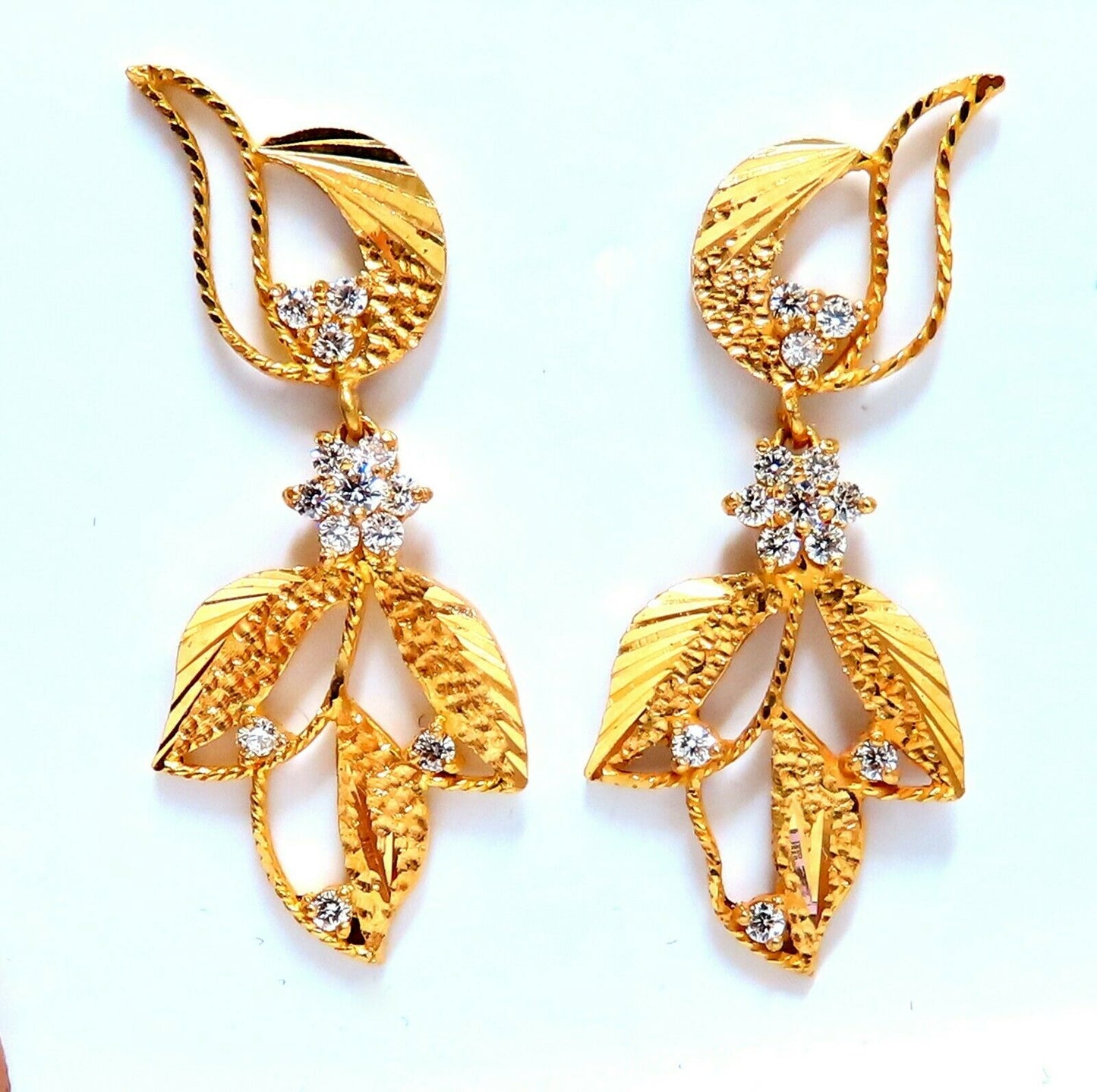 22kt Gold Diamonds Dangle Floral Patina Earrings